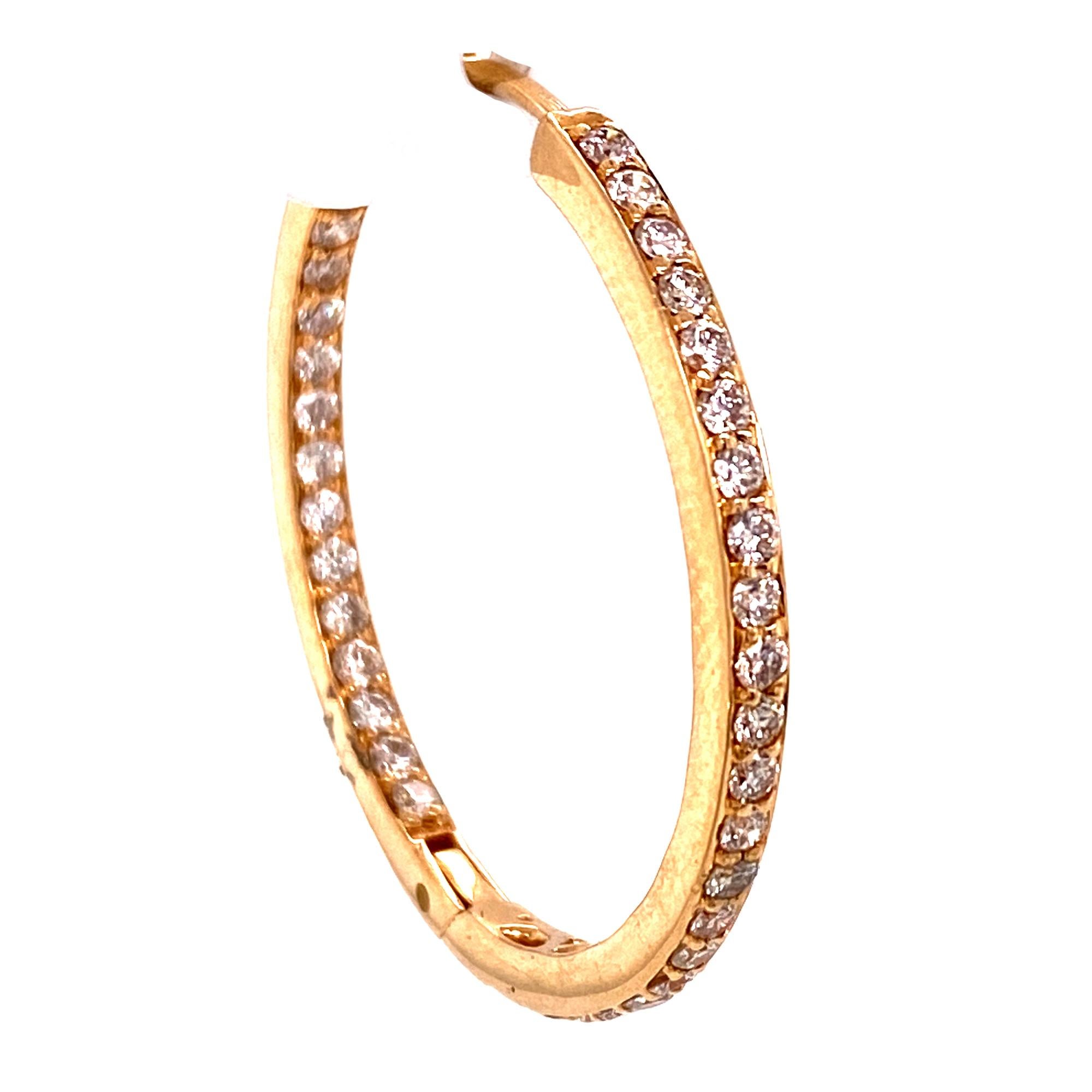 Round Cut Diamond In and Out Hoop Earrings 14 Karat Yellow Gold For Sale