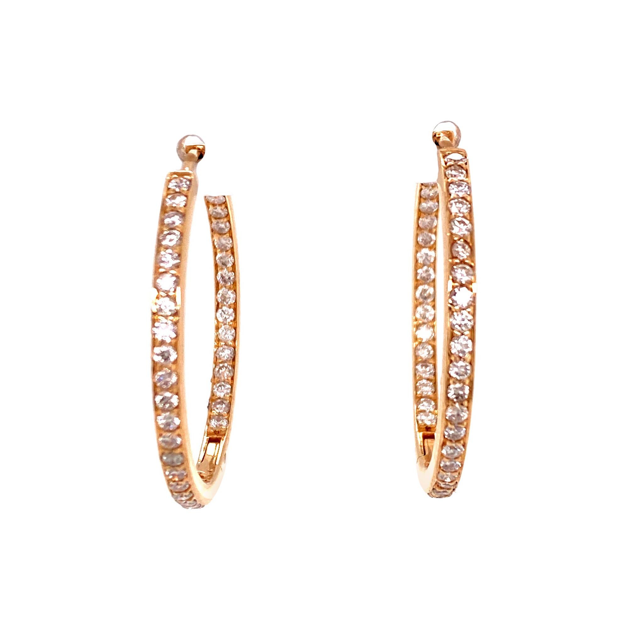 Diamond In and Out Hoop Earrings 14 Karat Yellow Gold For Sale