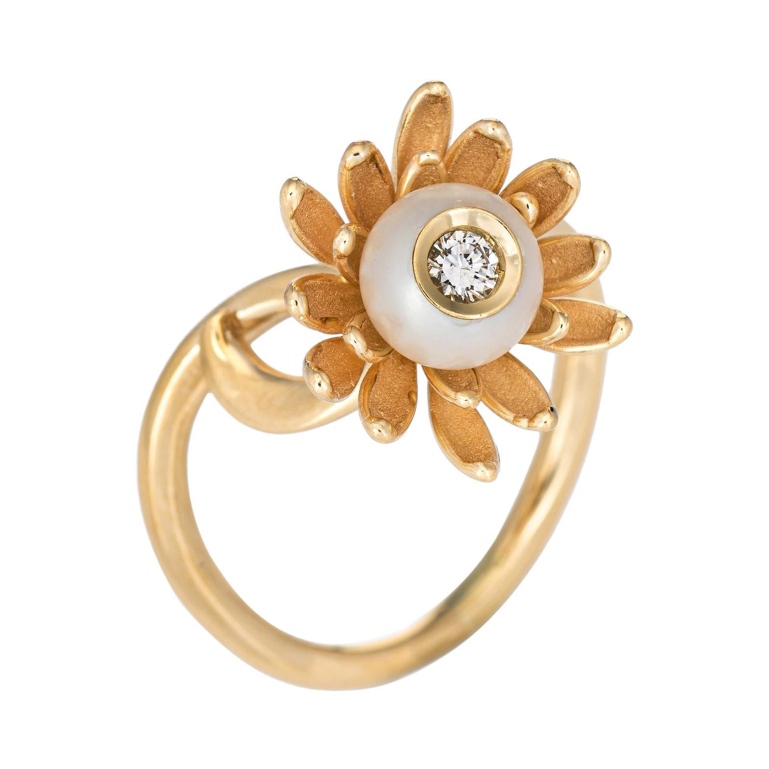 Diamond in Pearl Flower Ring Vintage 14k Yellow Gold Estate Fine Jewelry