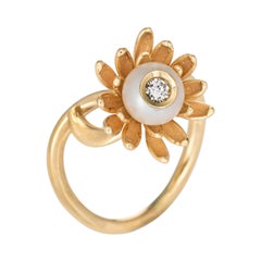 Bague fleur vintage en or jaune 14 carats avec diamants et perle - Estate Fine Jewelry