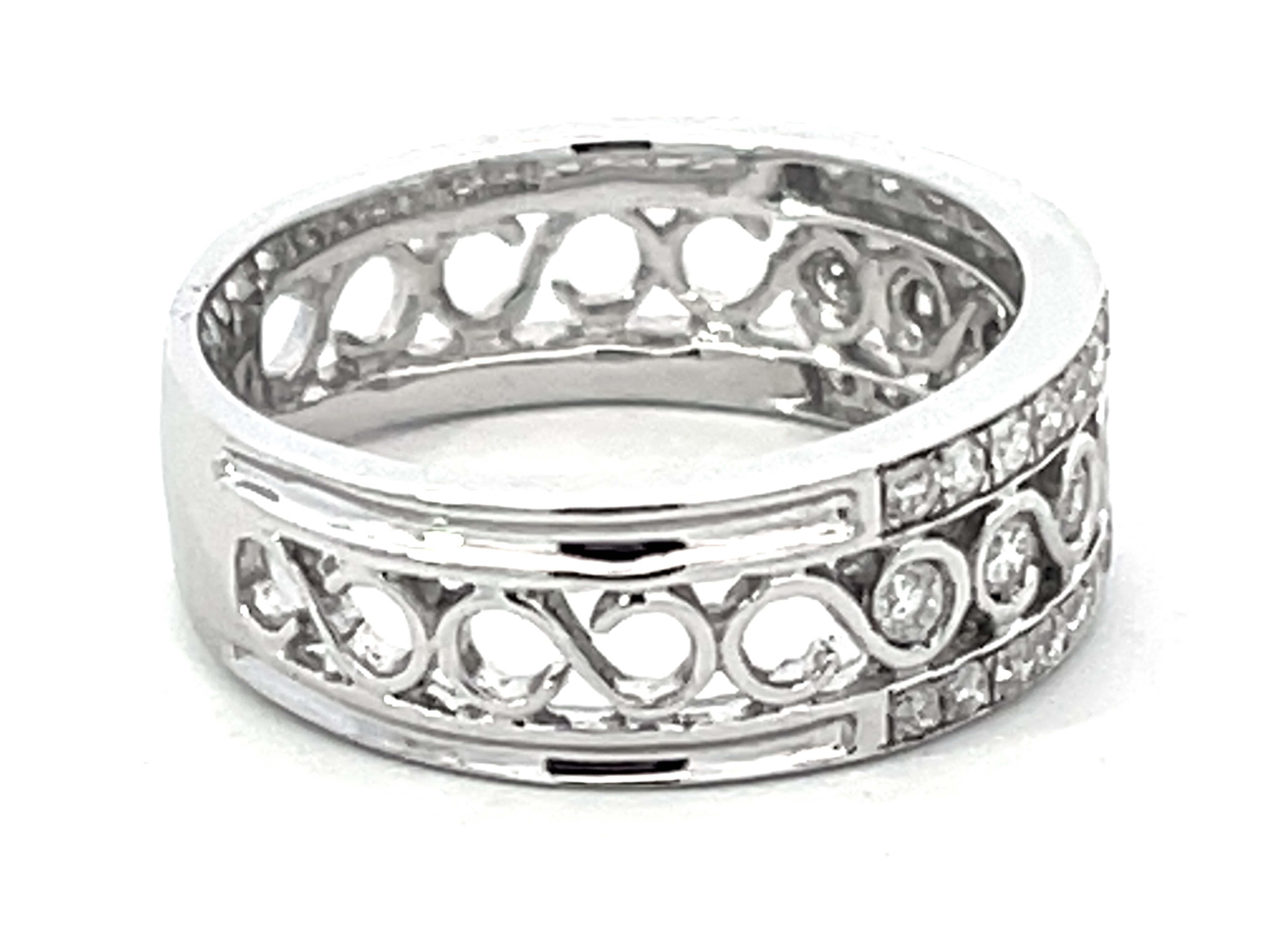 Brilliant Cut Diamond Infinity Swirl Center Wide Band Ring 18k White Gold For Sale