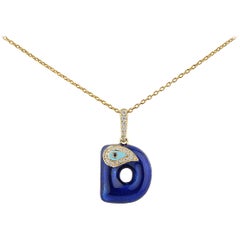 Diamond Initial D Necklace Evil Eye ID Charm 14 Karat Yellow Gold Enamel Pendant