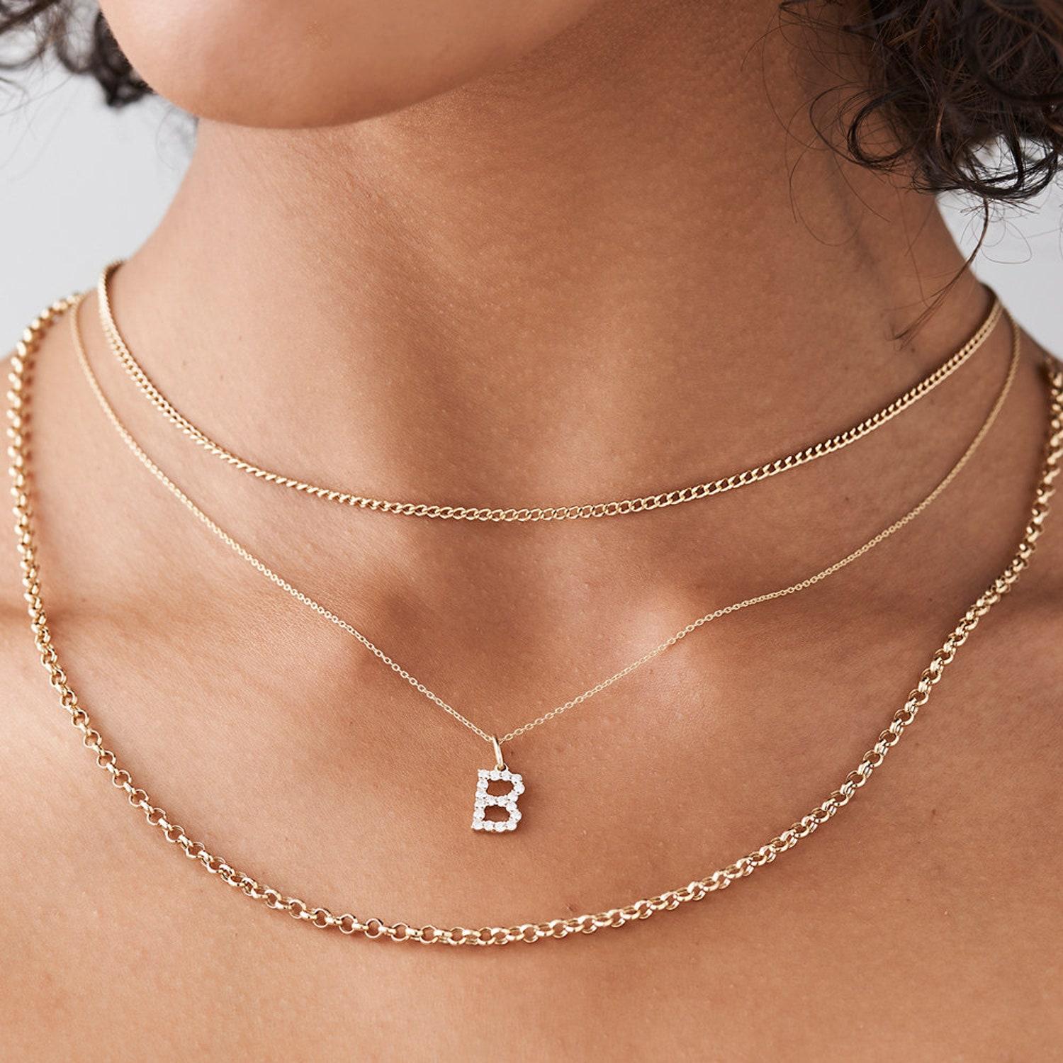 Modern Diamond Initial Necklace / 14k Gold Initial Necklace /  / Letter Name Necklace For Sale