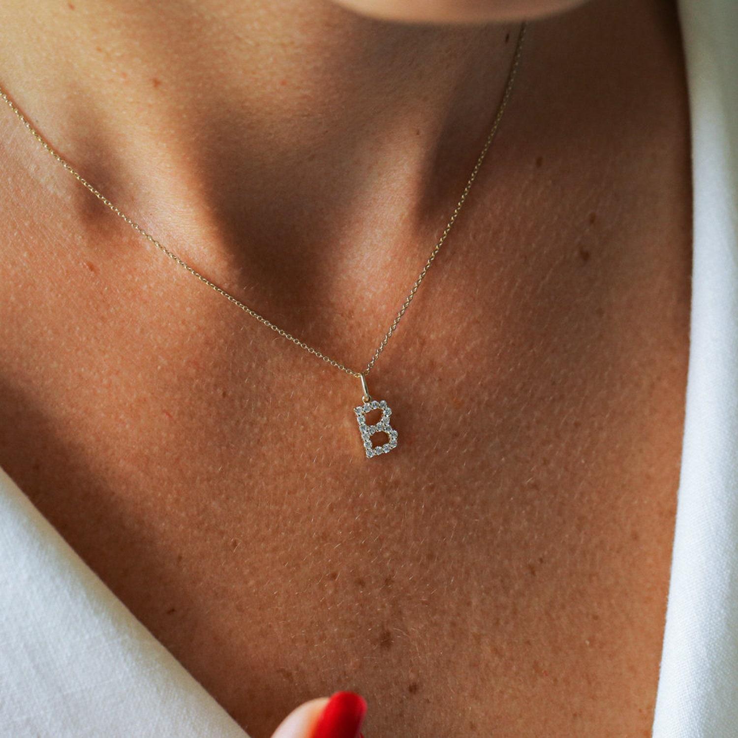 Brilliant Cut Diamond Initial Necklace / 14k Gold Initial Necklace /  / Letter Name Necklace For Sale