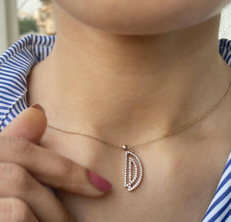 Round Cut Diamond Initial Necklace D Letter Alphabet Pendant 14k Gold For Sale