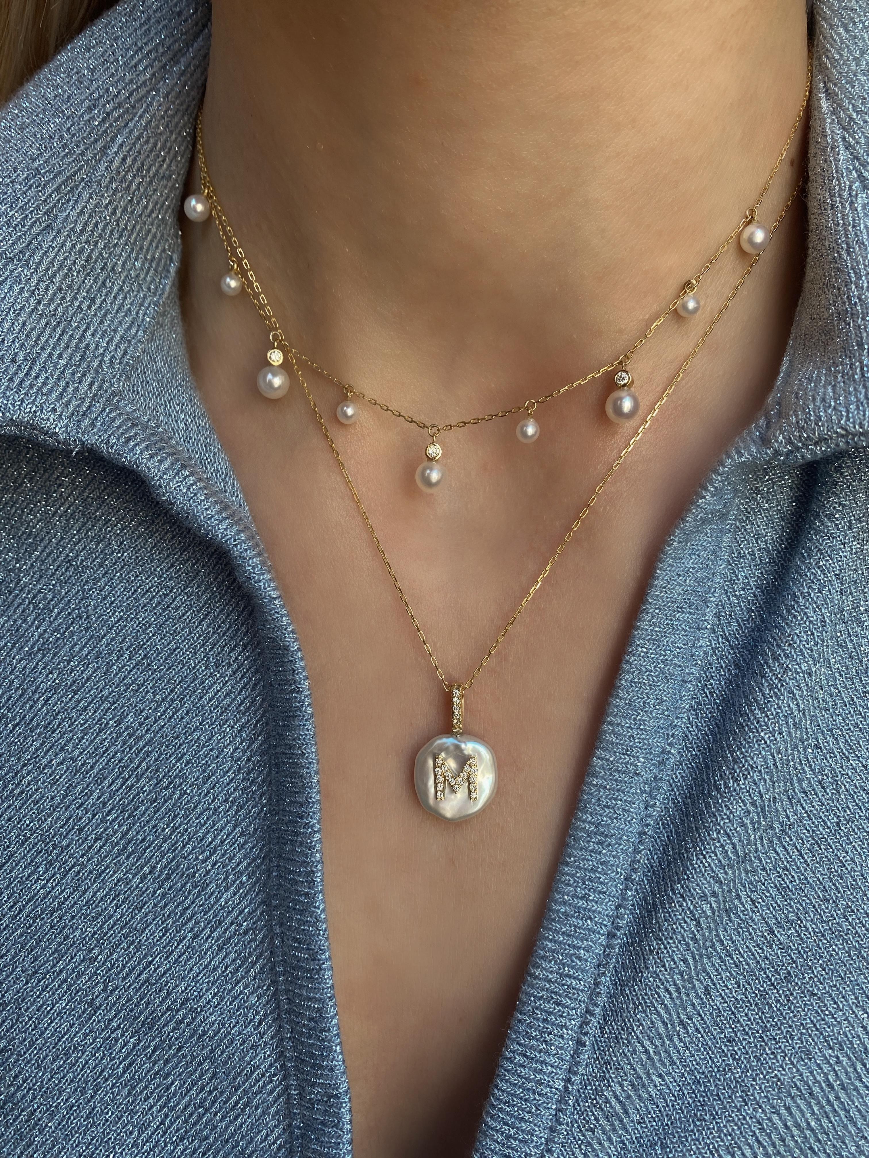 Round Cut Diamond Initial Petal Pearl Necklace, Natural Diamonds 18K For Sale