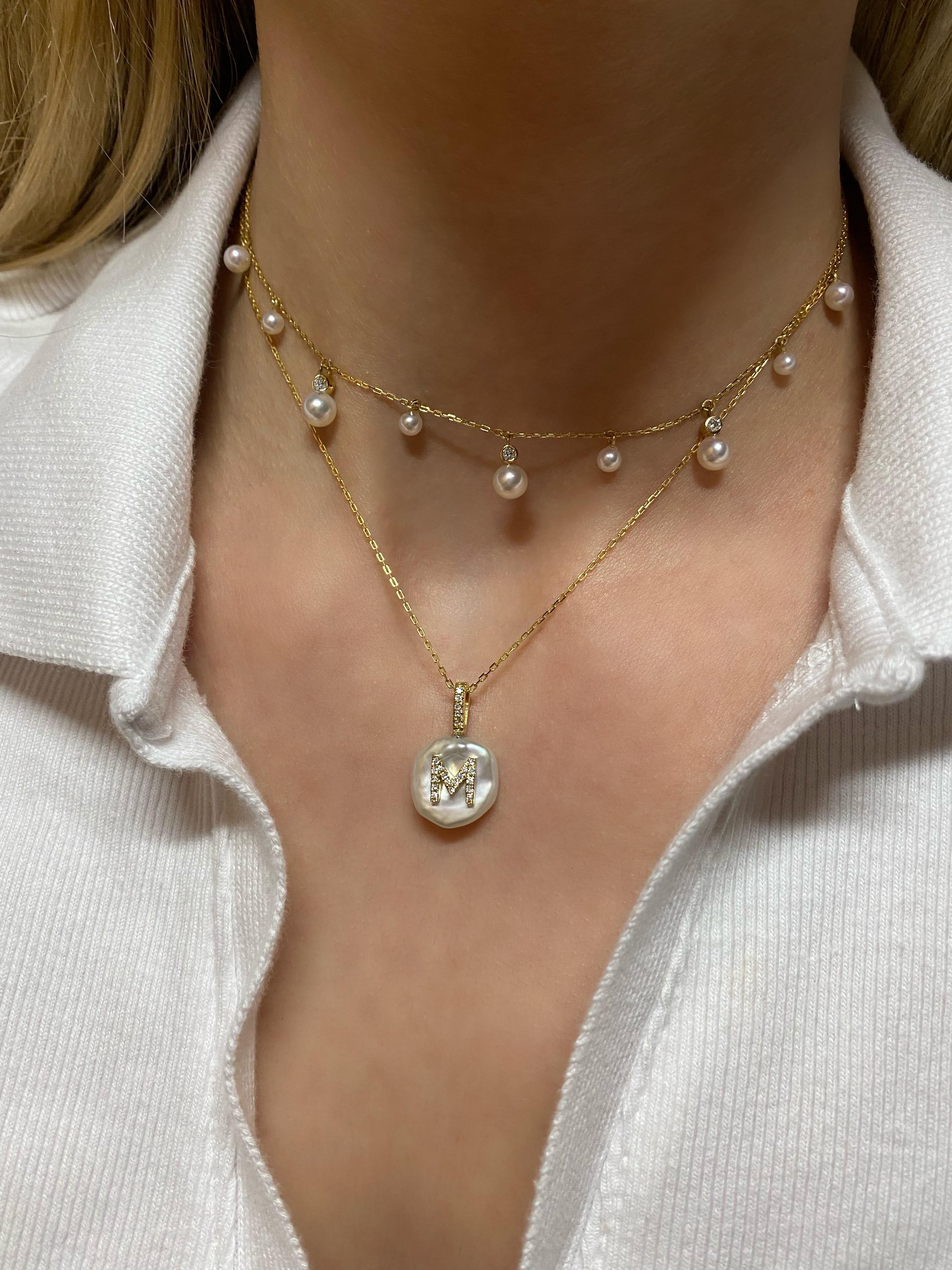 Diamond Initial Petal Pearl Necklace, Natural Diamonds 18K In New Condition For Sale In Nicosia, CY