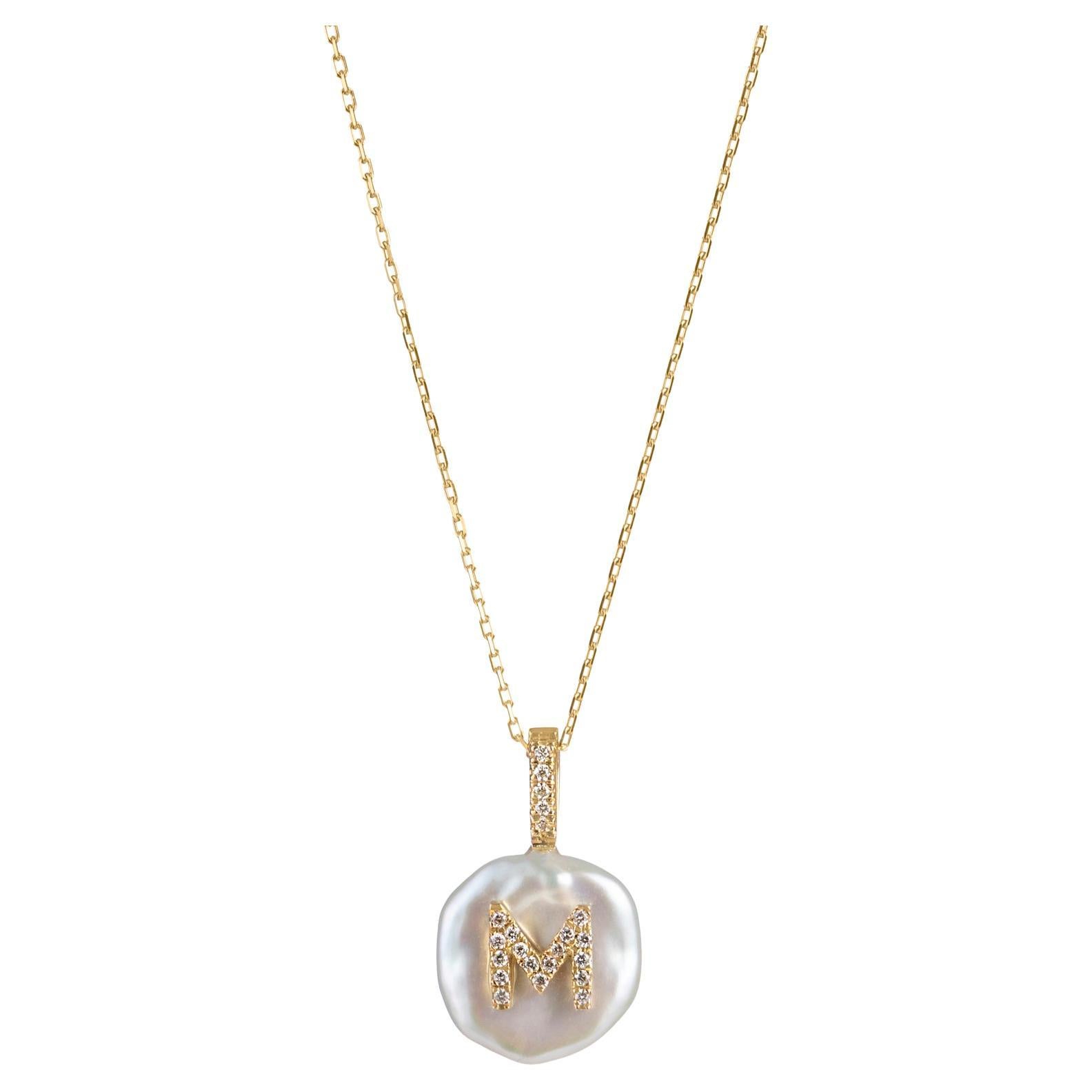 Letter M Diamond Initial Pearl Necklace, Natural Diamonds 18K, 17inch chain
