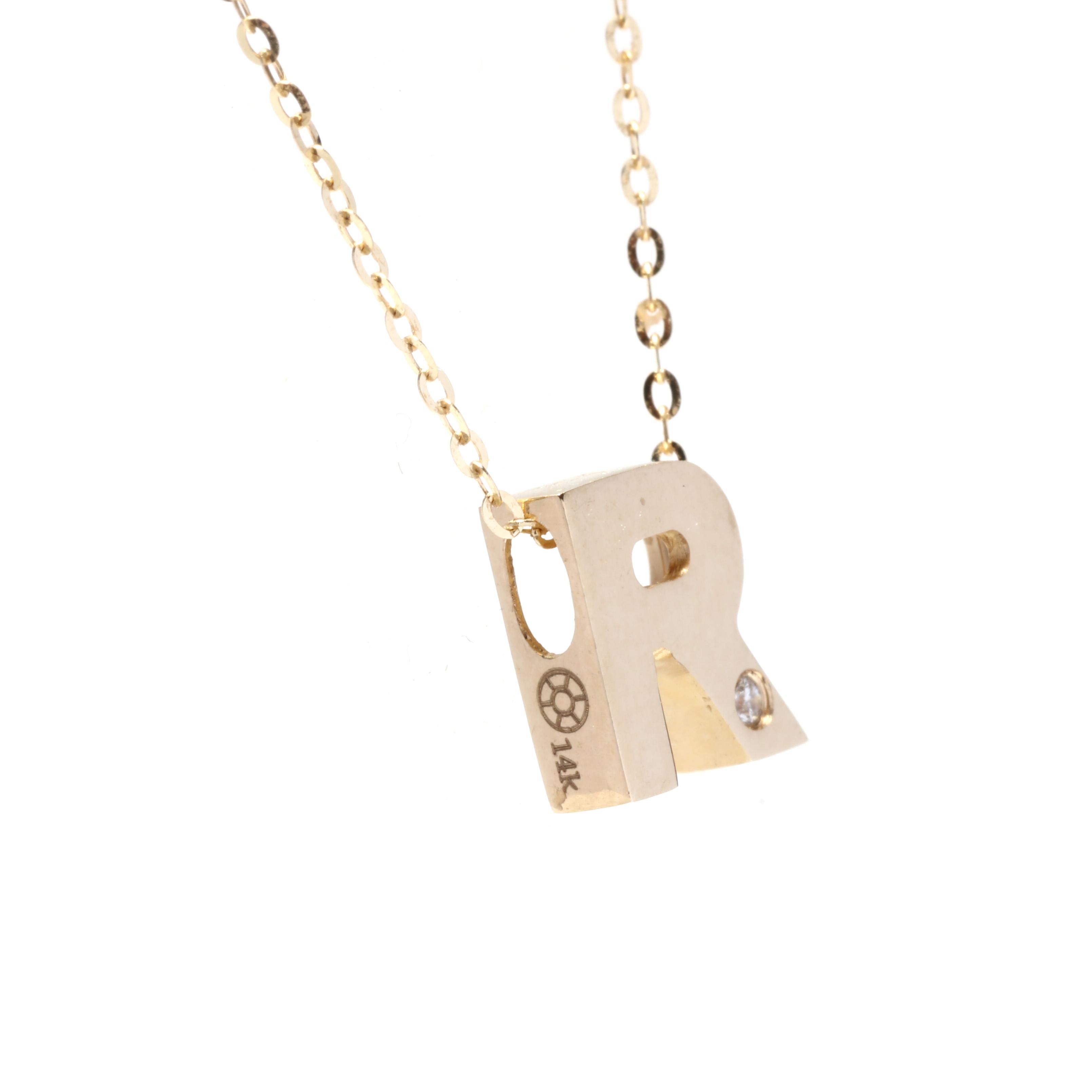 Round Cut Diamond Initial R Necklace, 14K Yellow Gold, Length 16 Inches, Single Stone