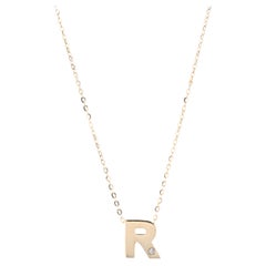 Diamond Initial R Necklace, 14K Yellow Gold, Length 16 Inches, Single Stone