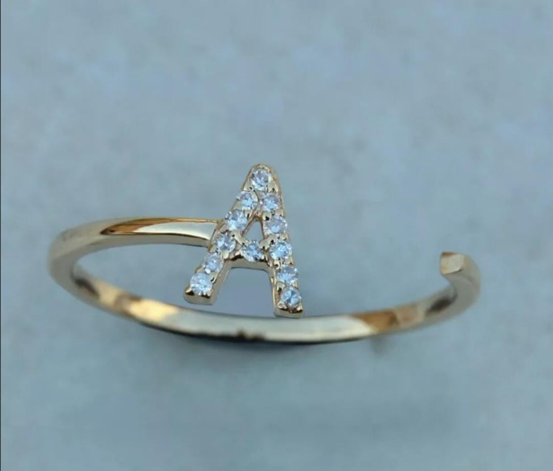 Art Deco Diamond Initial Ring Open Ring 14k Gold Alphabet Band Ring Birthday Gift Charm For Sale