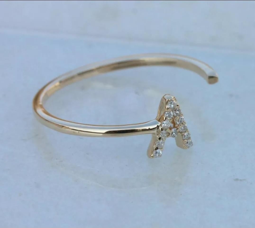Round Cut Diamond Initial Ring Open Ring 14k Gold Alphabet Band Ring Birthday Gift Charm For Sale
