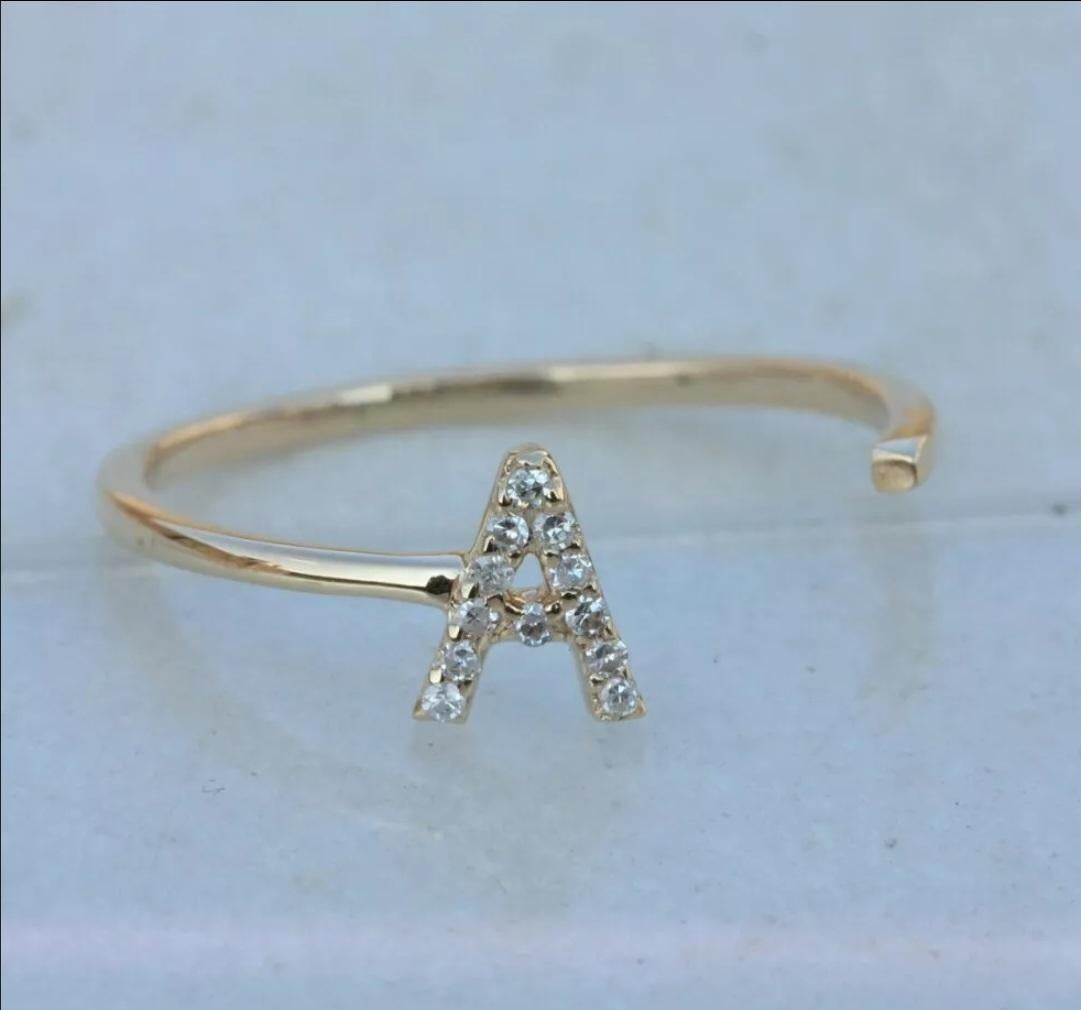 Diamond Initial Ring Open Ring 14k Gold Alphabet Band Ring Birthday Gift Charm In New Condition For Sale In Chicago, IL