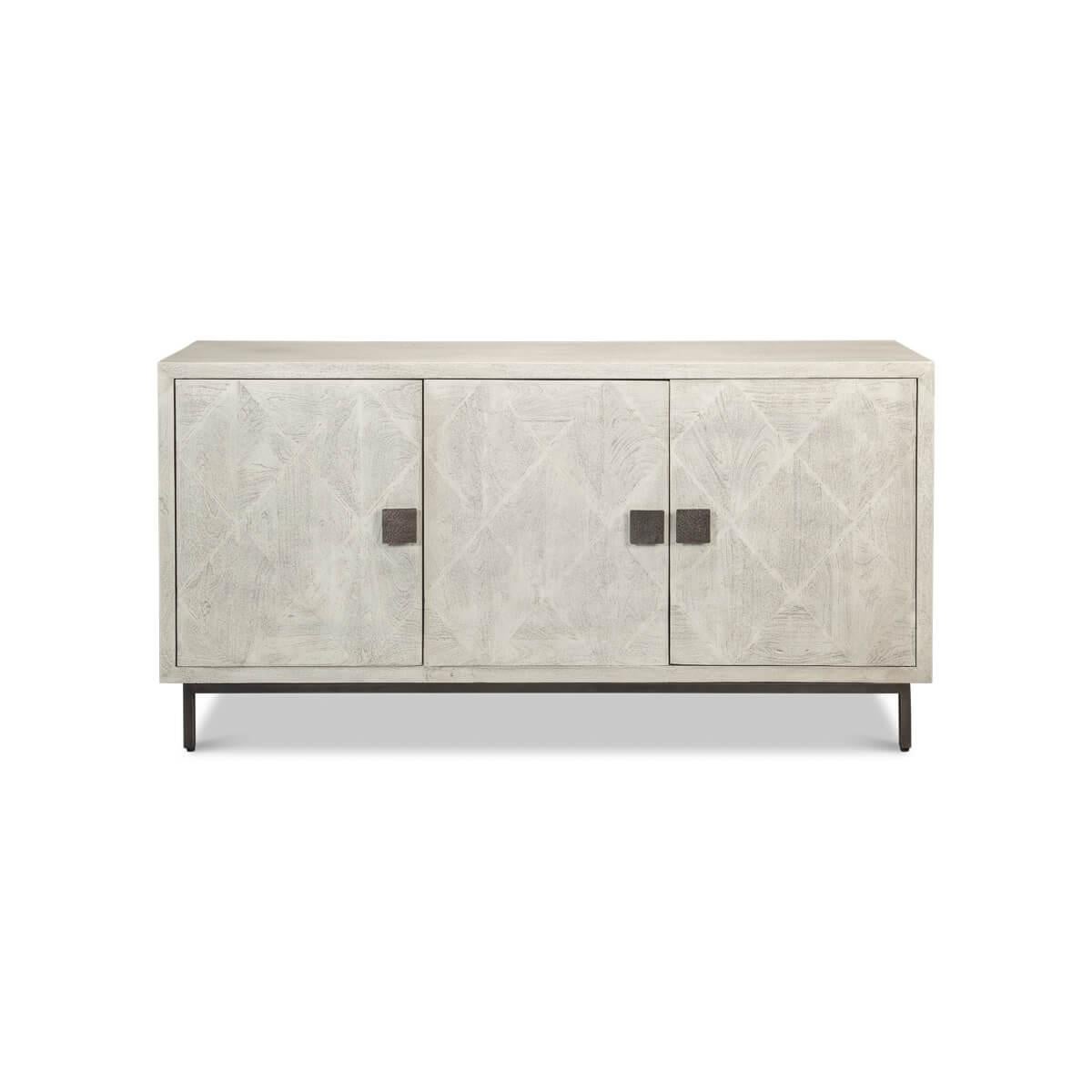 This striking piece features a light gray wash finish, giving it a refreshing and contemporary look that's right on-trend. The front panels are adorned with a subtle diamond pattern, offering a textured touch that's visually intriguing and