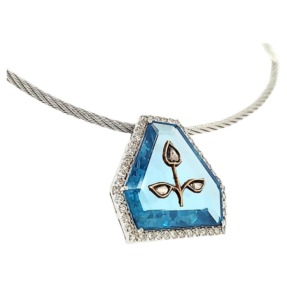 Diamond Inlayed Zircon and White Diamond 18 Karat Gold Pendant with Chain For Sale