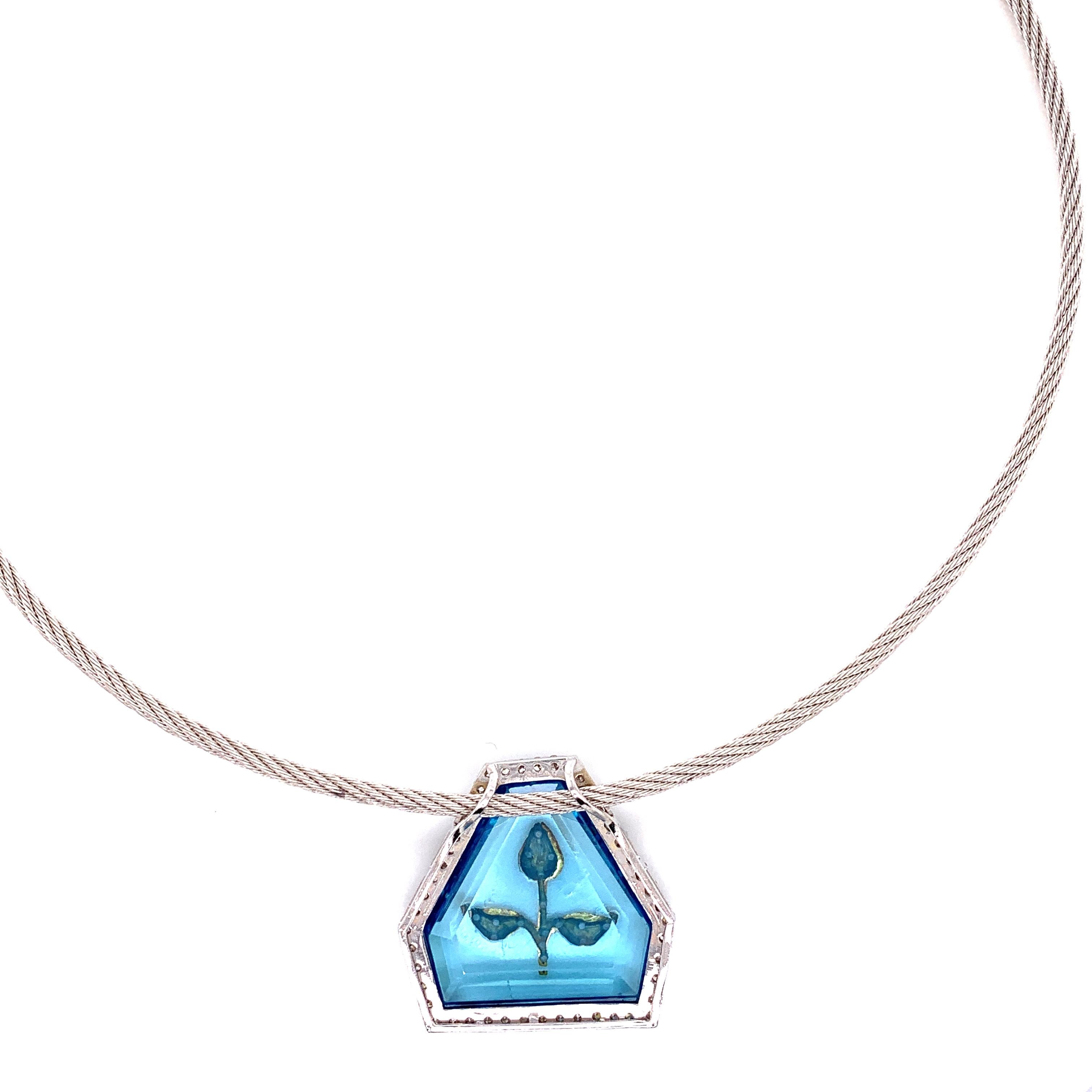 Modern Diamond Inlayed Zircon and White Diamond 18 Karat Gold Pendant with Chain For Sale