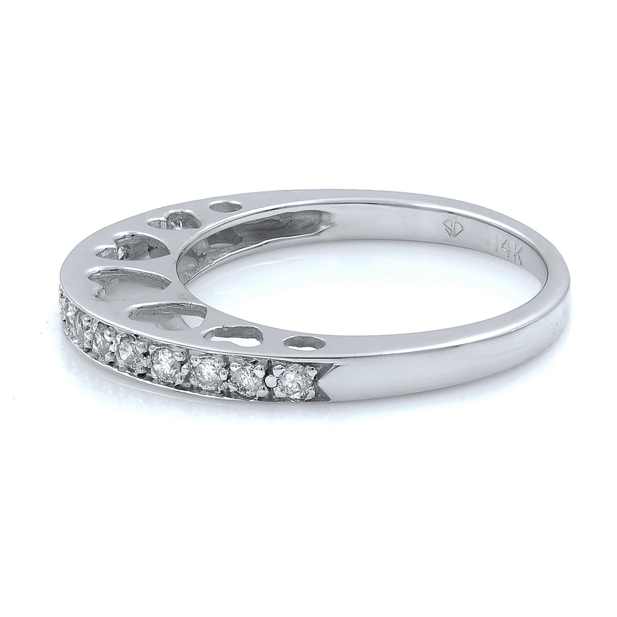 This is a delicate and sparkly 14k diamond inset heart cut-out wedding band ring. The ring is set with 0.50cts of round cut diamonds. The width of the band is 2.60mm. Thickness: 5.50-1.20mm. The ring weighs 3.00 grams, it is size: 6.5. Comes with a