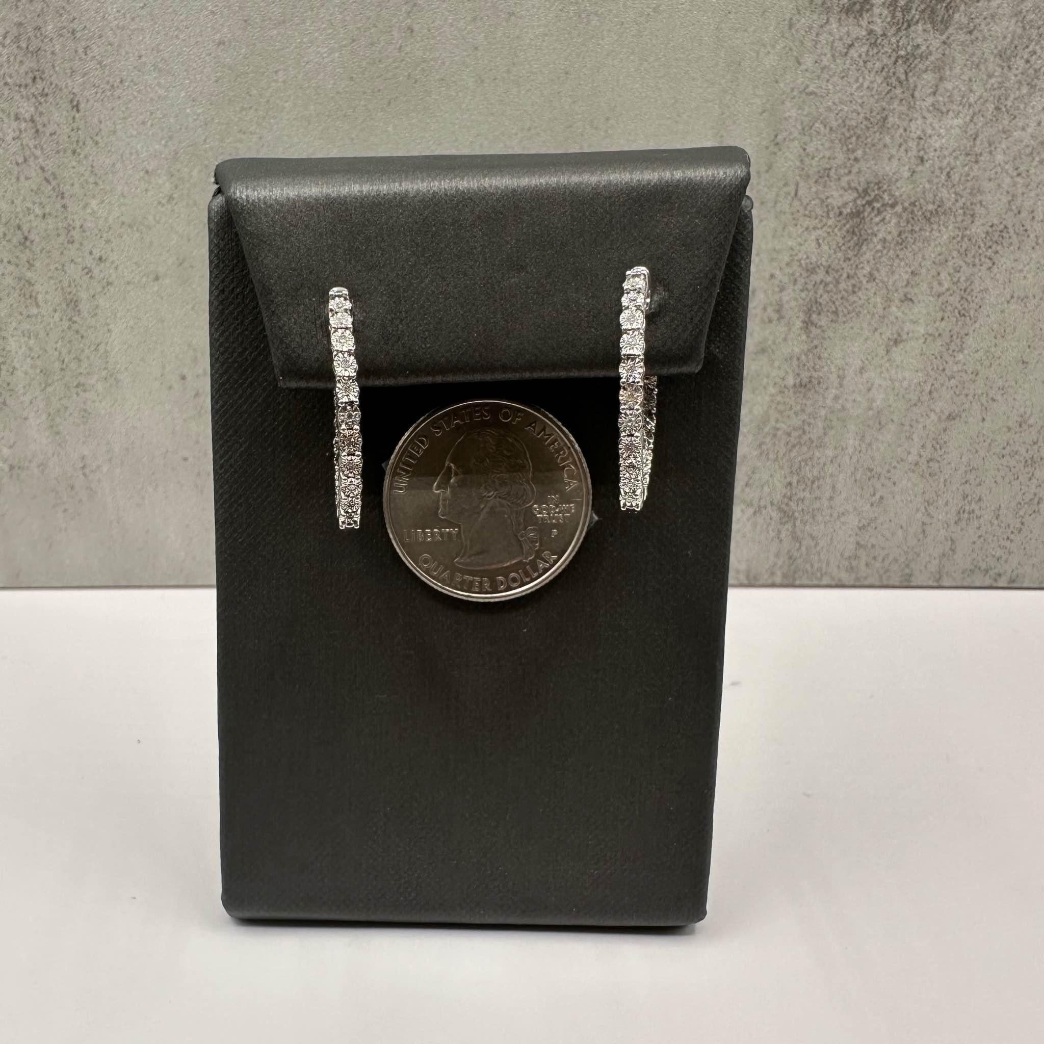 Diamond Inside/Outside Hoops in Sterling Silver – 0.07ctw Diamonds, 23.8mm Diam In New Condition In West Hempstead, NY