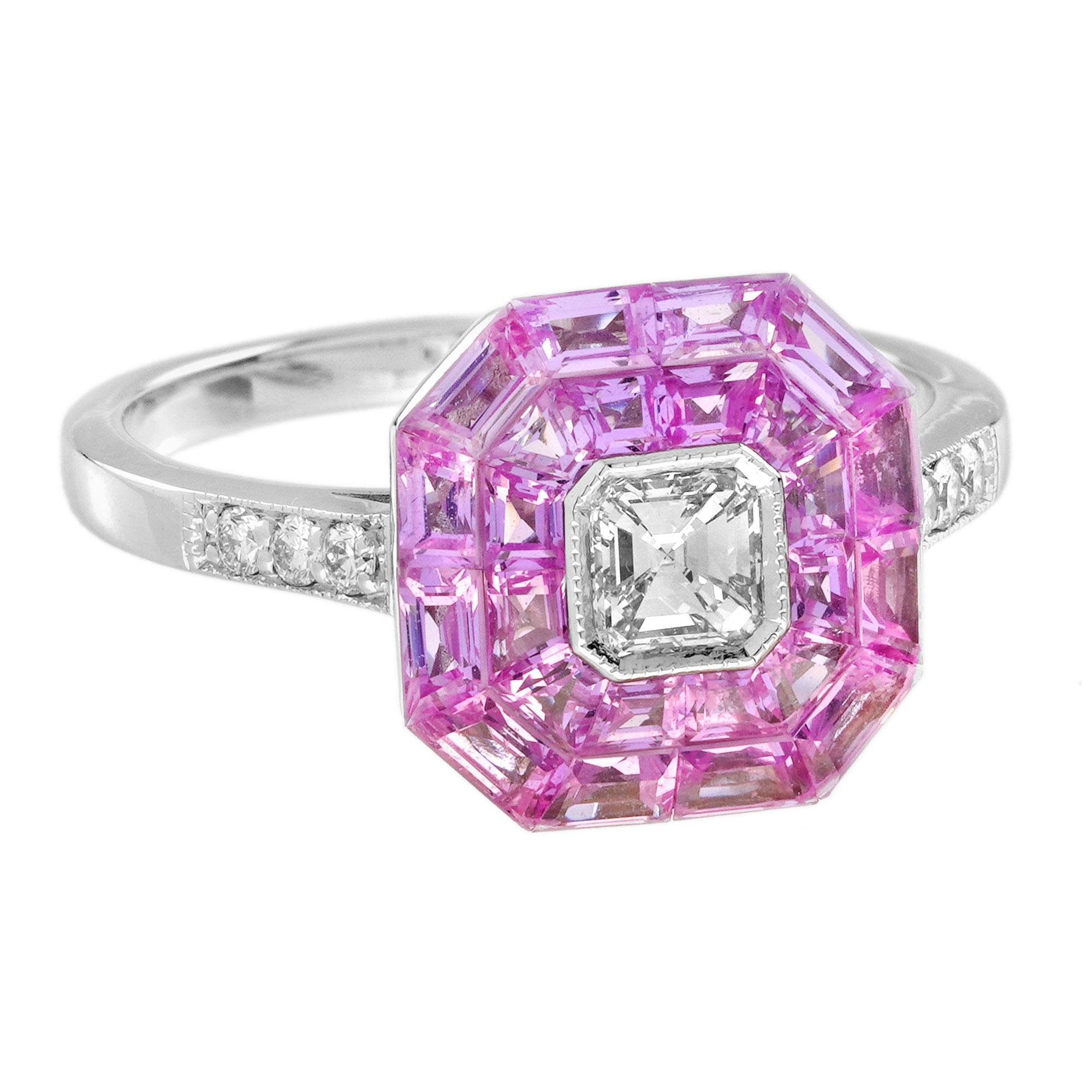Verlobungsring aus 14 Karat Gold mit unsichtbar gefasstem rosa Saphir im Art-déco-Stil mit Diamanten im Zustand „Neu“ in Bangkok, TH