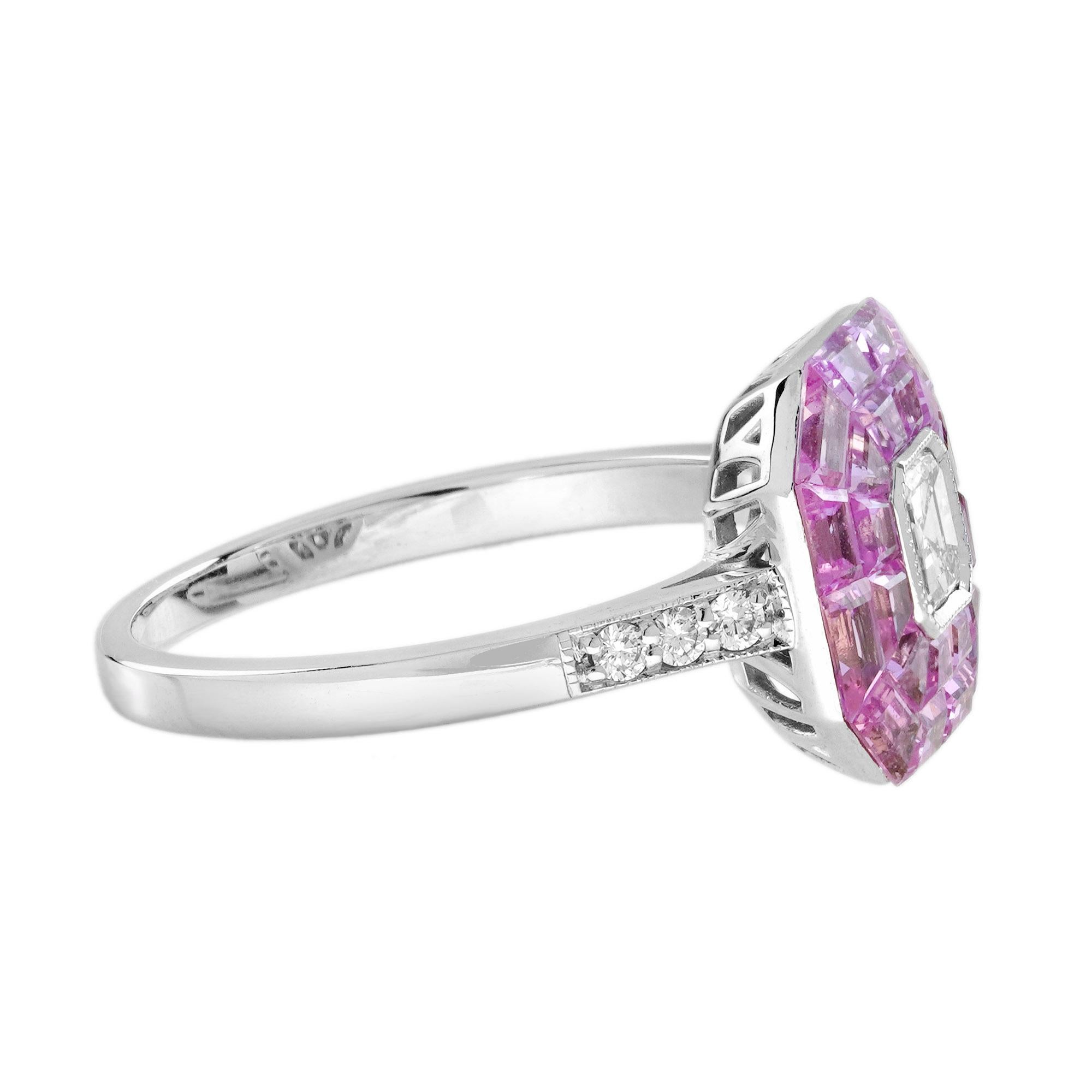 Verlobungsring aus 14 Karat Gold mit unsichtbar gefasstem rosa Saphir im Art-déco-Stil mit Diamanten Damen