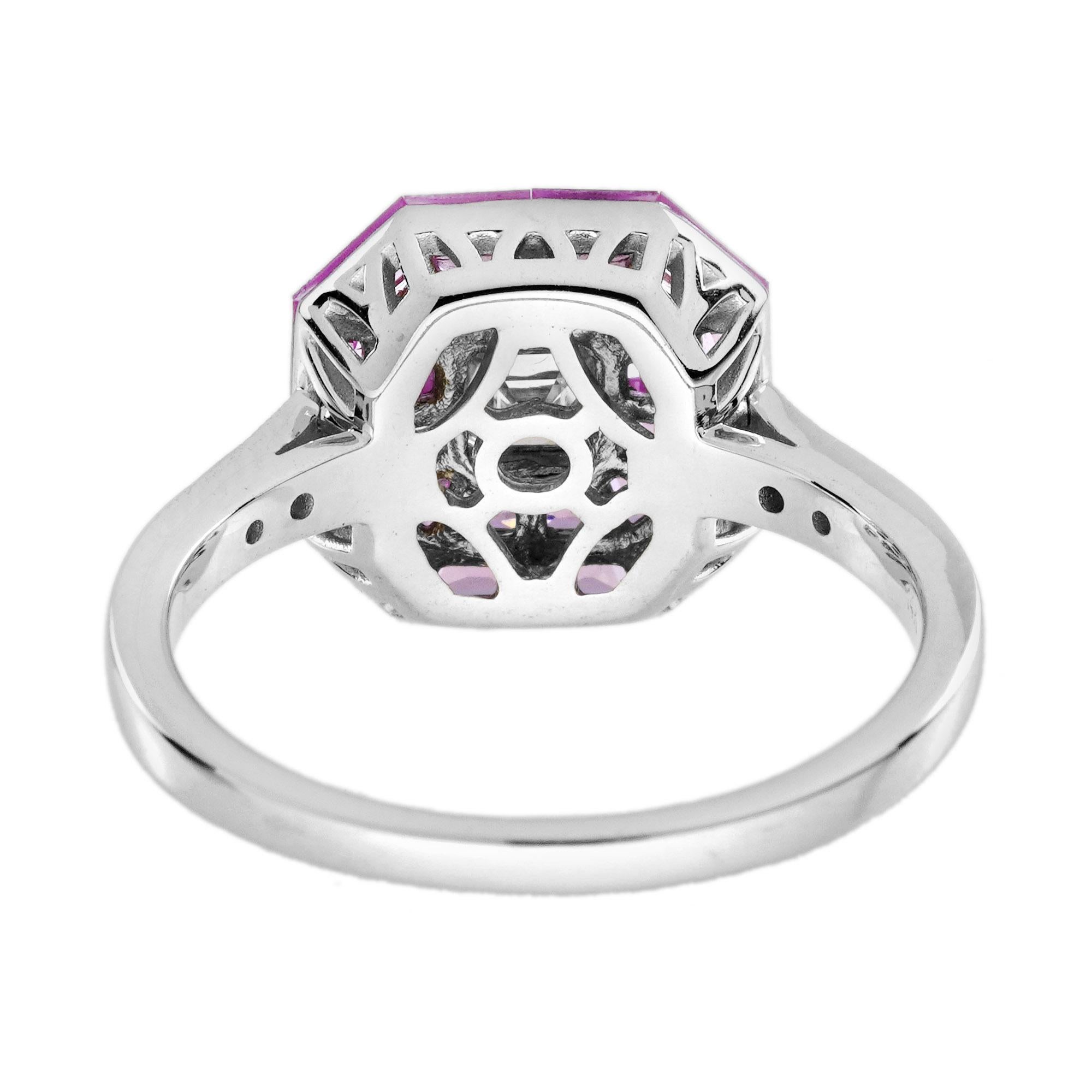 Verlobungsring aus 14 Karat Gold mit unsichtbar gefasstem rosa Saphir im Art-déco-Stil mit Diamanten 1
