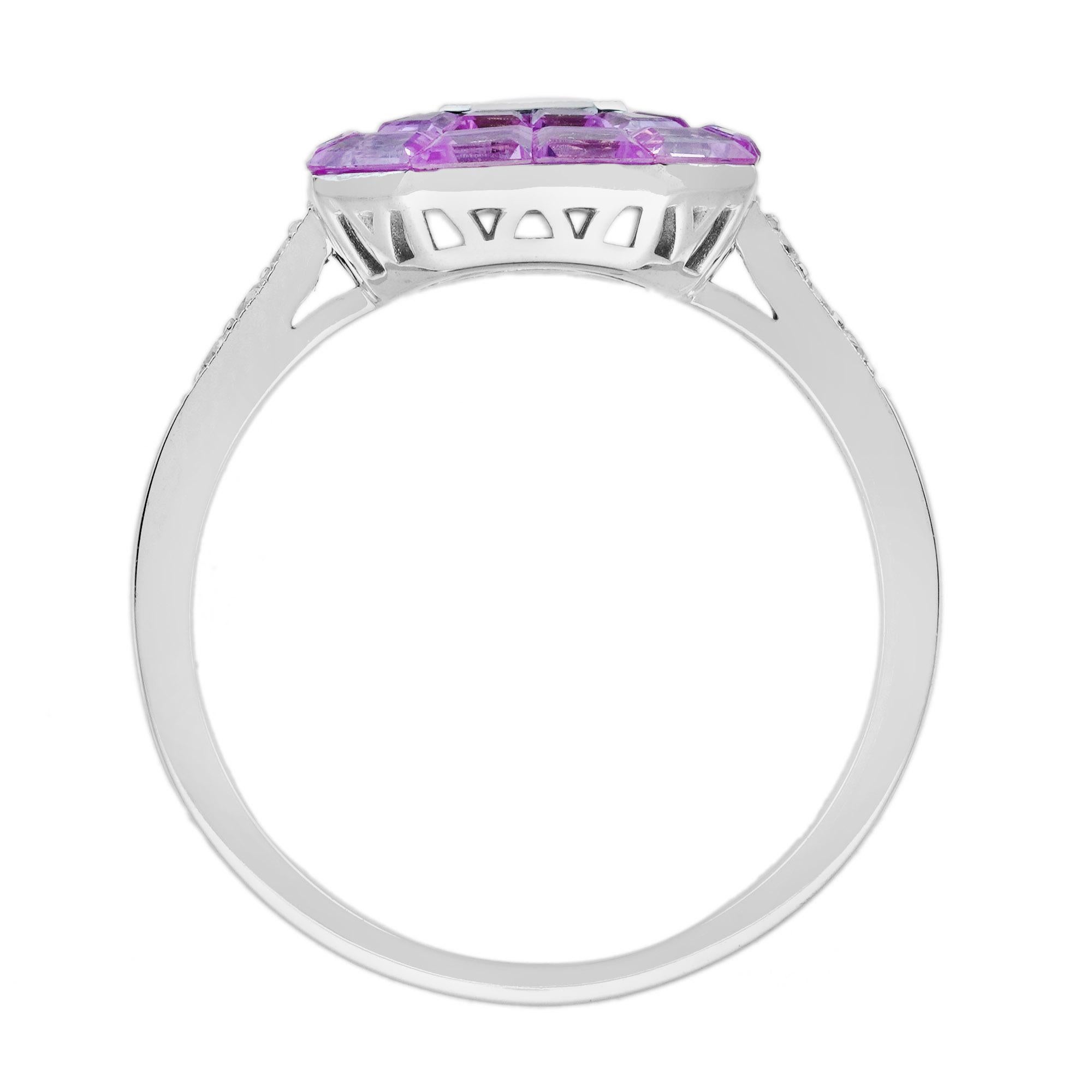 Verlobungsring aus 14 Karat Gold mit unsichtbar gefasstem rosa Saphir im Art-déco-Stil mit Diamanten 2