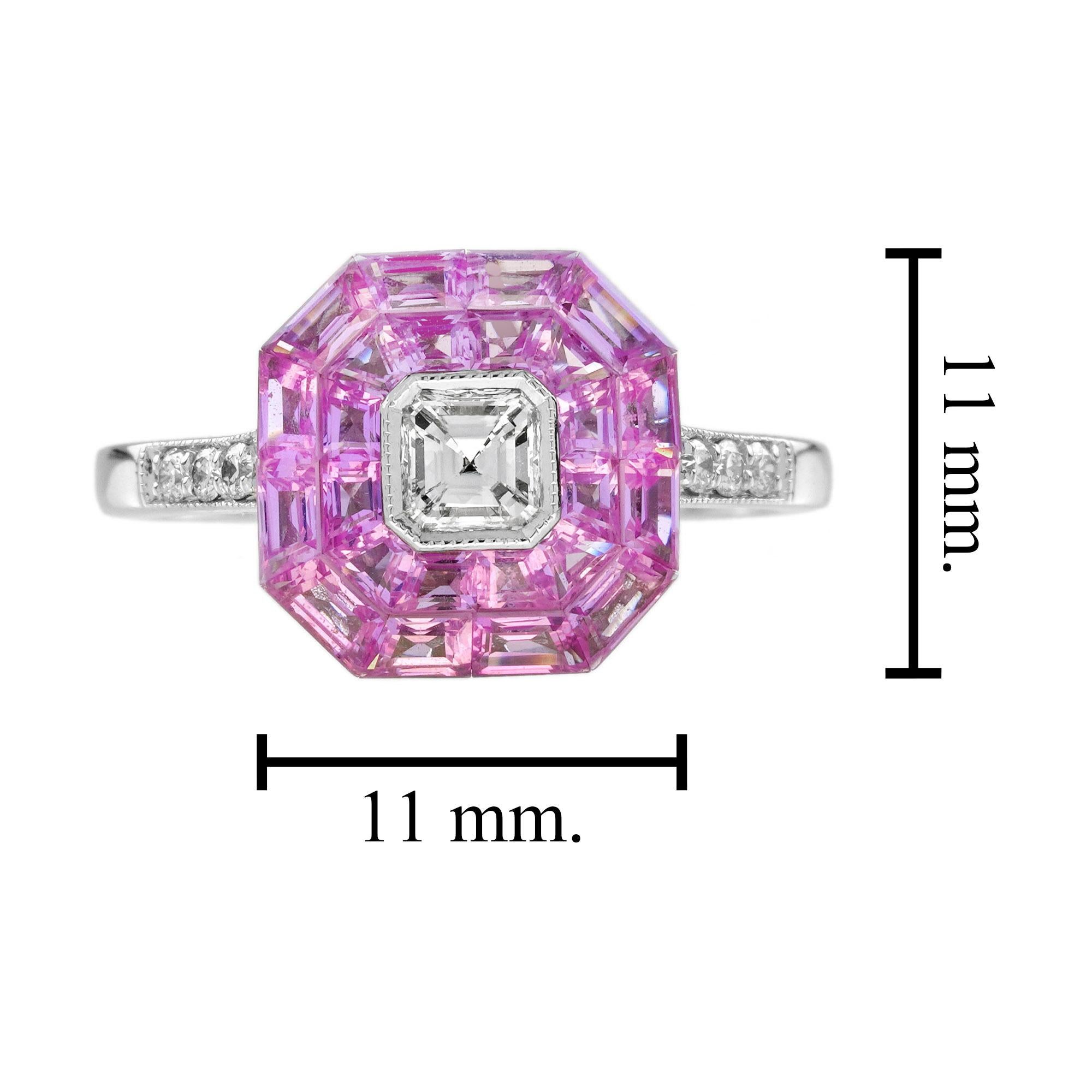 Verlobungsring aus 14 Karat Gold mit unsichtbar gefasstem rosa Saphir im Art-déco-Stil mit Diamanten 3