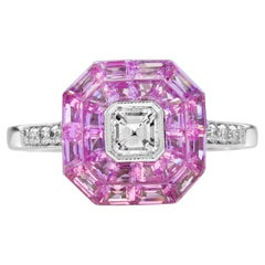 Anello di fidanzamento in stile Art Deco con diamante invisibile e zaffiro rosa incastonato in oro 14K
