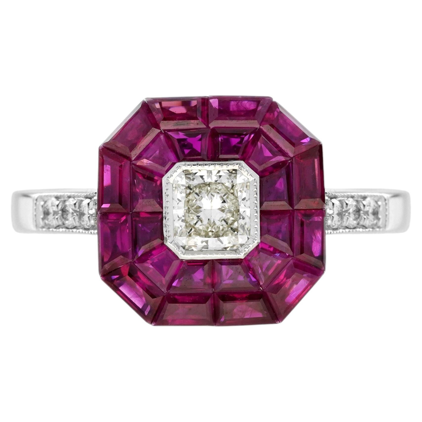 Ruby Engagement Ring with Invisible Set Rubies and Diamond in 14K White Gold