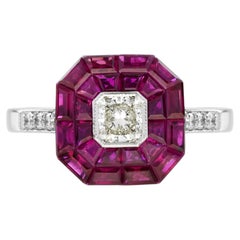 Anello di fidanzamento con diamante invisibile e rubino in stile Art Deco in oro bianco 14K