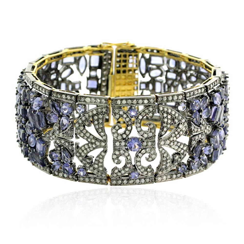 Modern Diamond Iolite Designer Mosaic Bracelet in Silver and 18k Gold For Sale