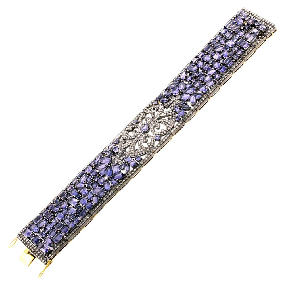 Diamond Iolite Designer Mosaic Bracelet in Silver and 18k Gold For Sale