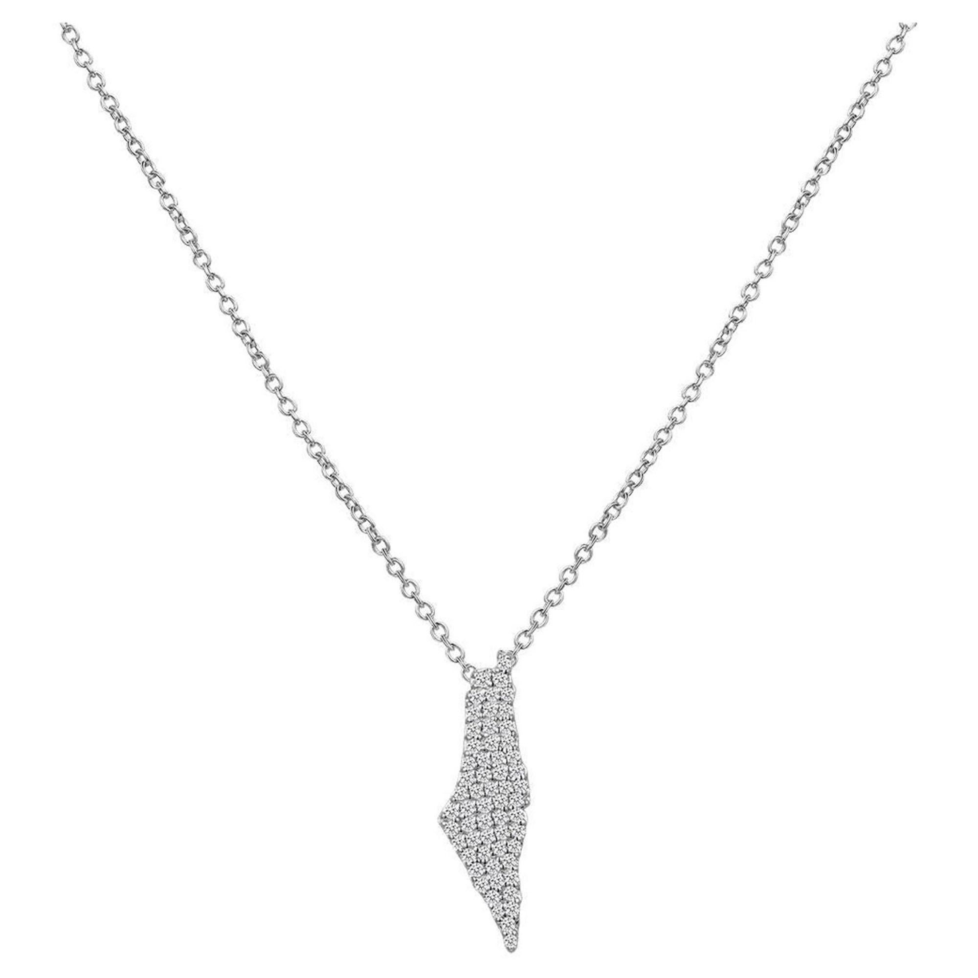 Collier en or blanc 14 carats avec diamants, style carte d'Israël