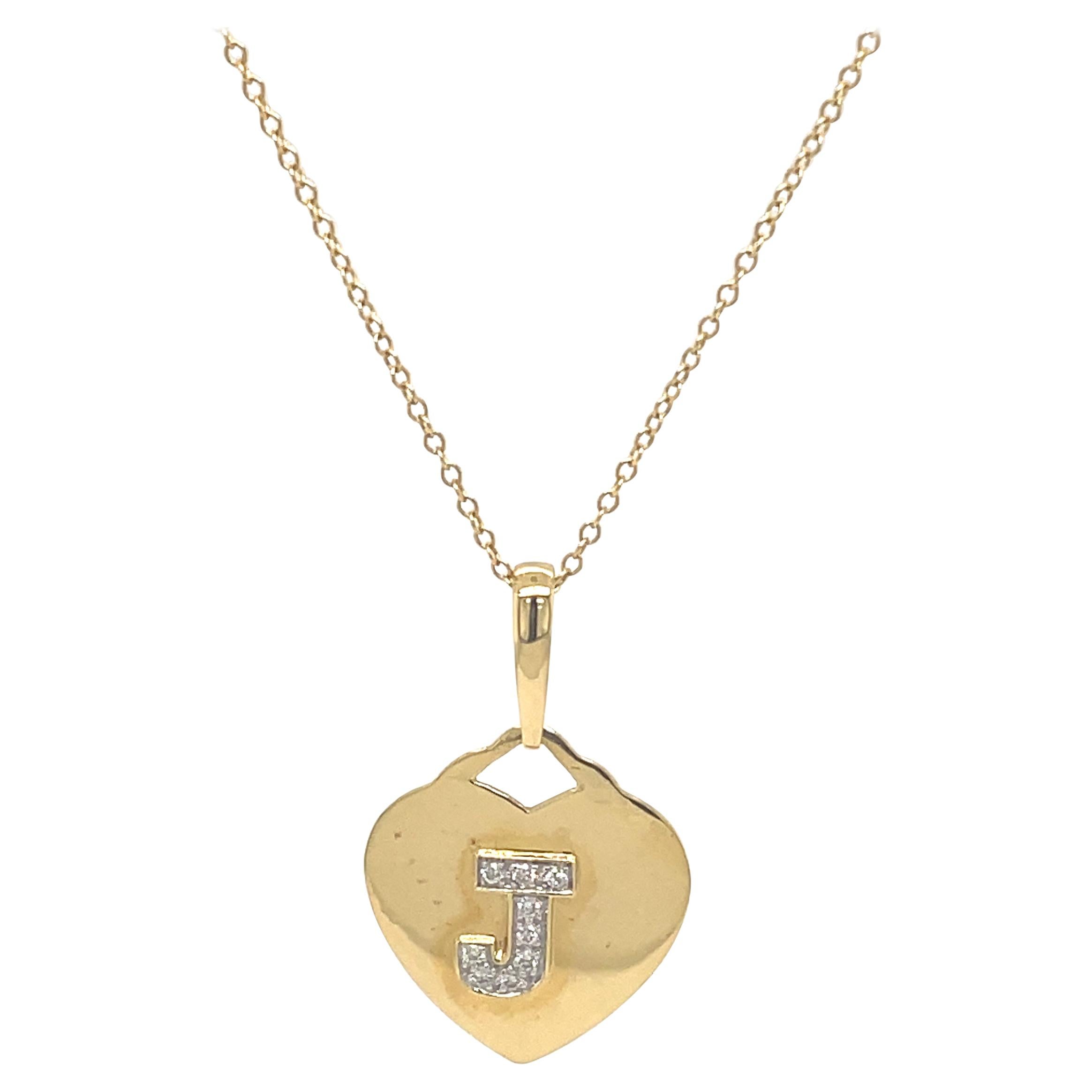 Diamond "J" Heart Pendant Necklace 18 Karat Yellow Gold