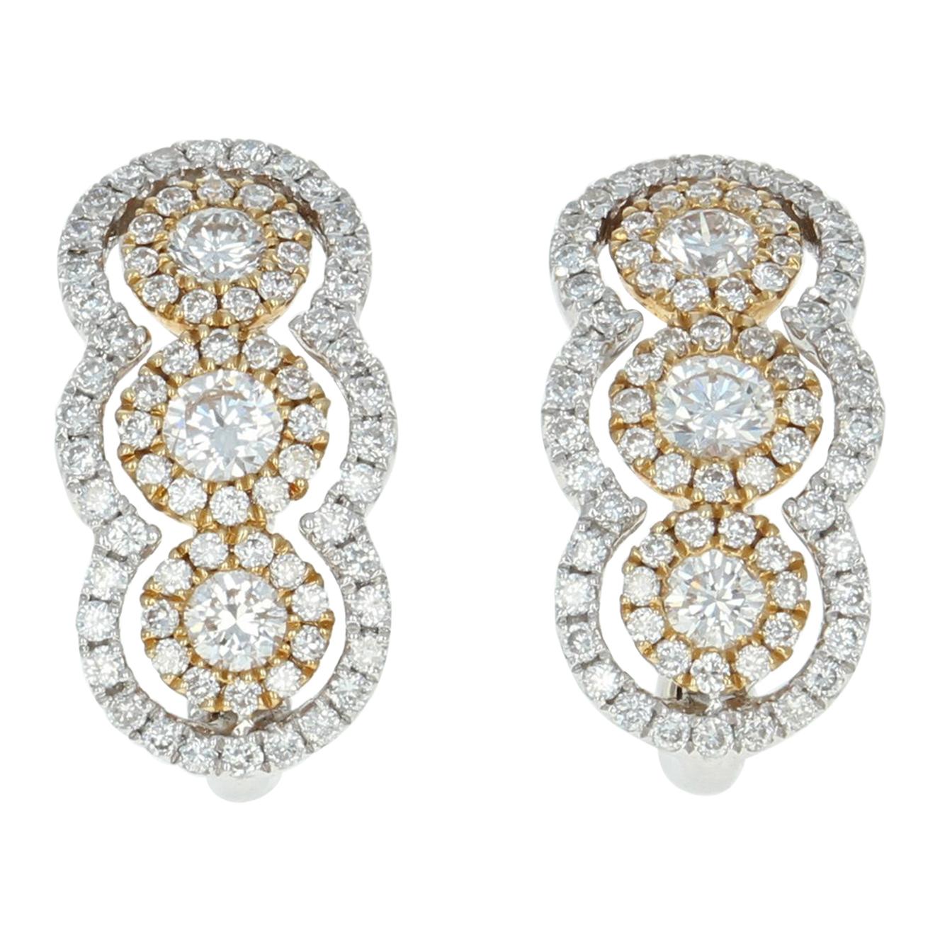 Diamond J-Hoop Earrings, 14 Karat White Gold Halo Round Cut .76 Carat