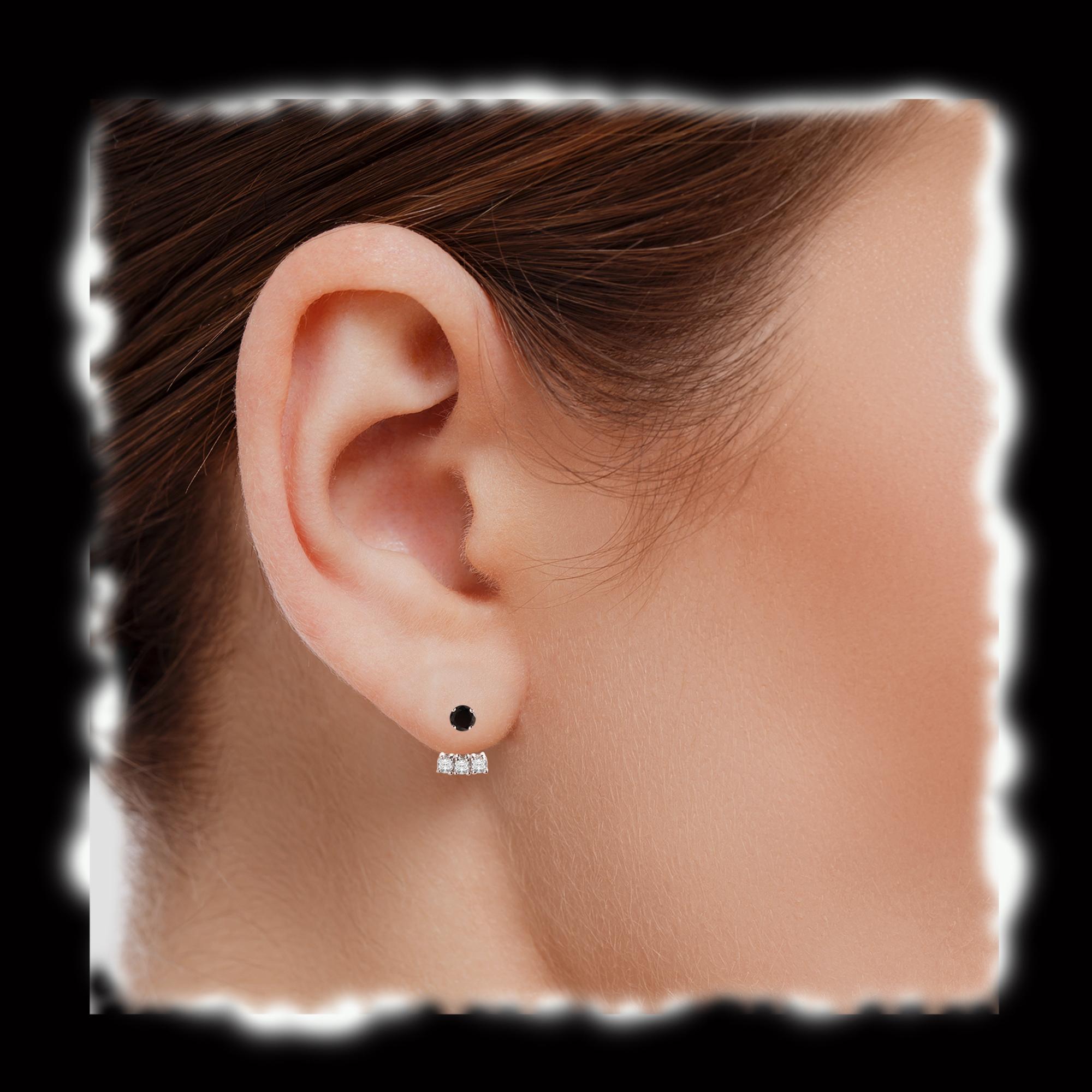Unique trendy jacket earring
white and  black diamonds total all 0.46 carat G-SI
white diamond size are 2.0 mm each
black diamonds size are 3.2 mm each
all natural diamonds !
14K White Gold 3.20 grams
(approx distance from the black to white is 8.0