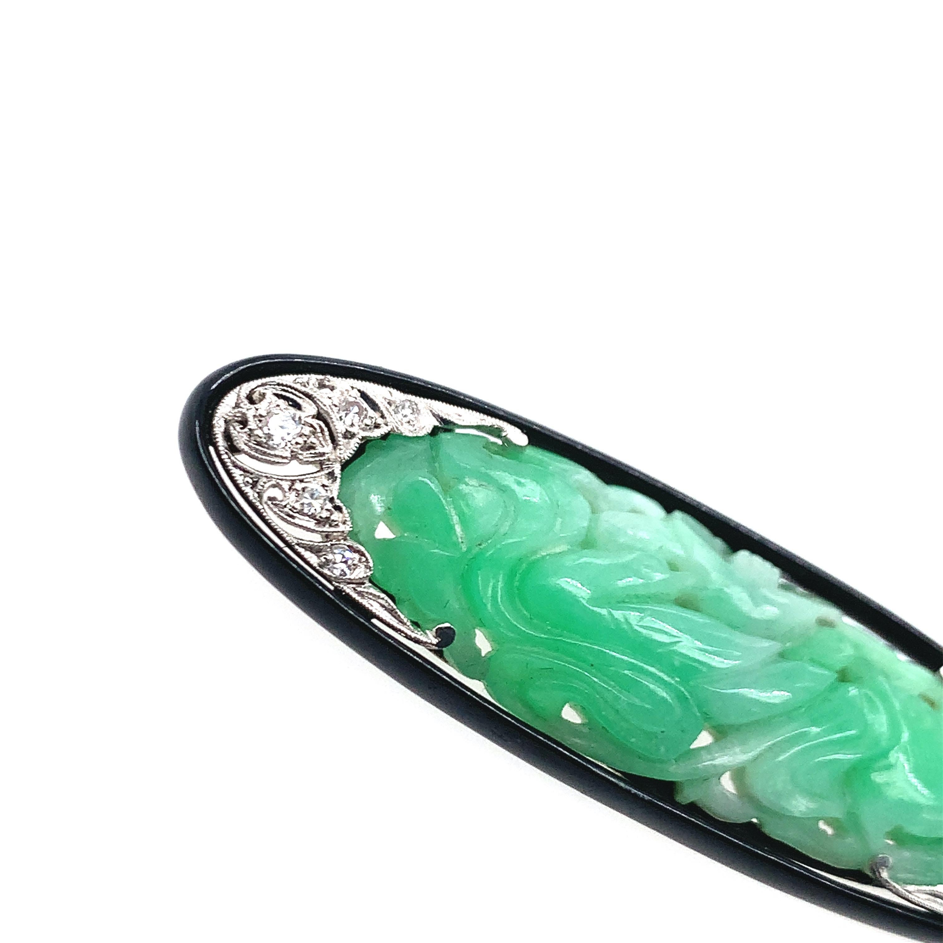 Art déco Broche en diamants, jade et platine en vente