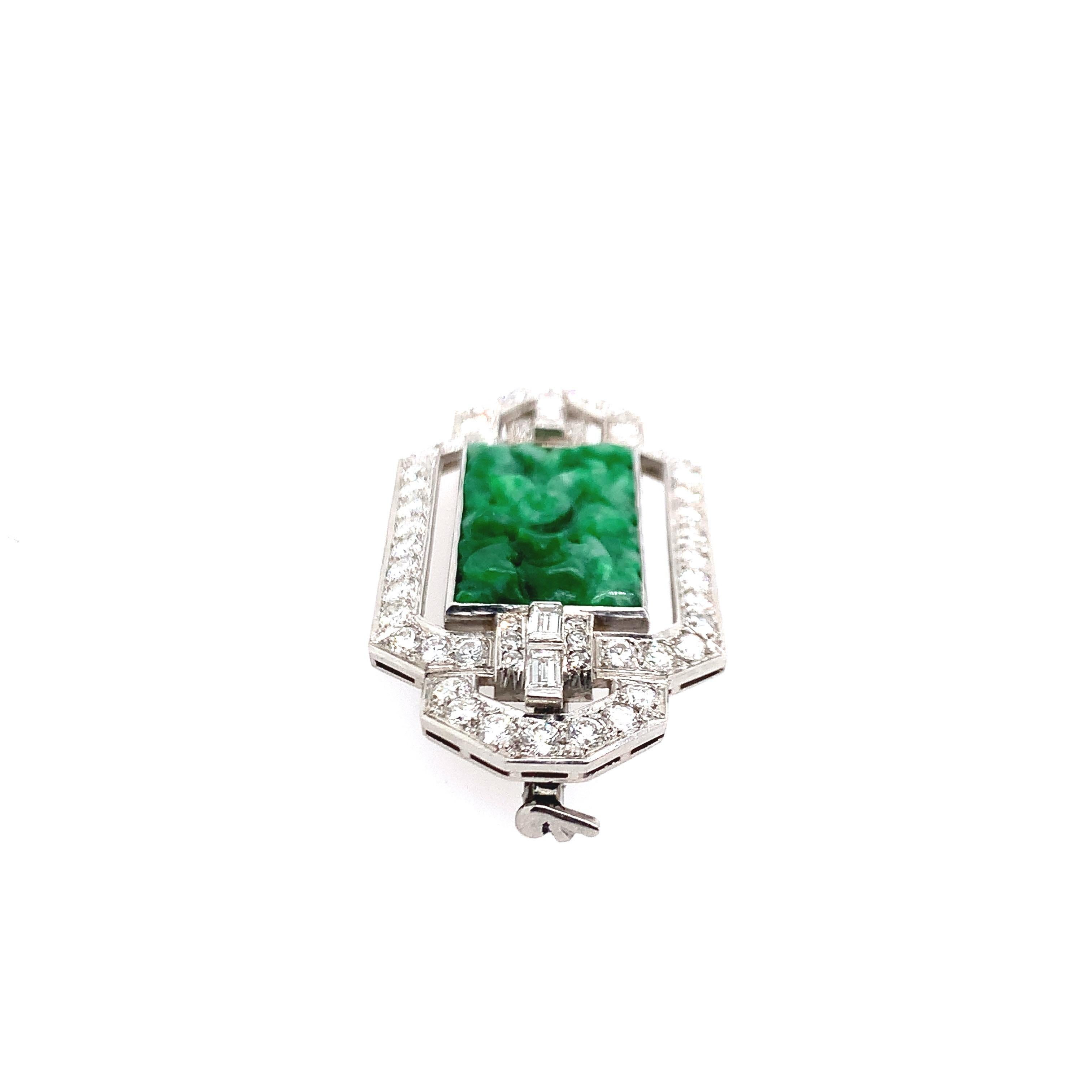 Art Deco Diamond, Jade, and Platinum Brooch For Sale
