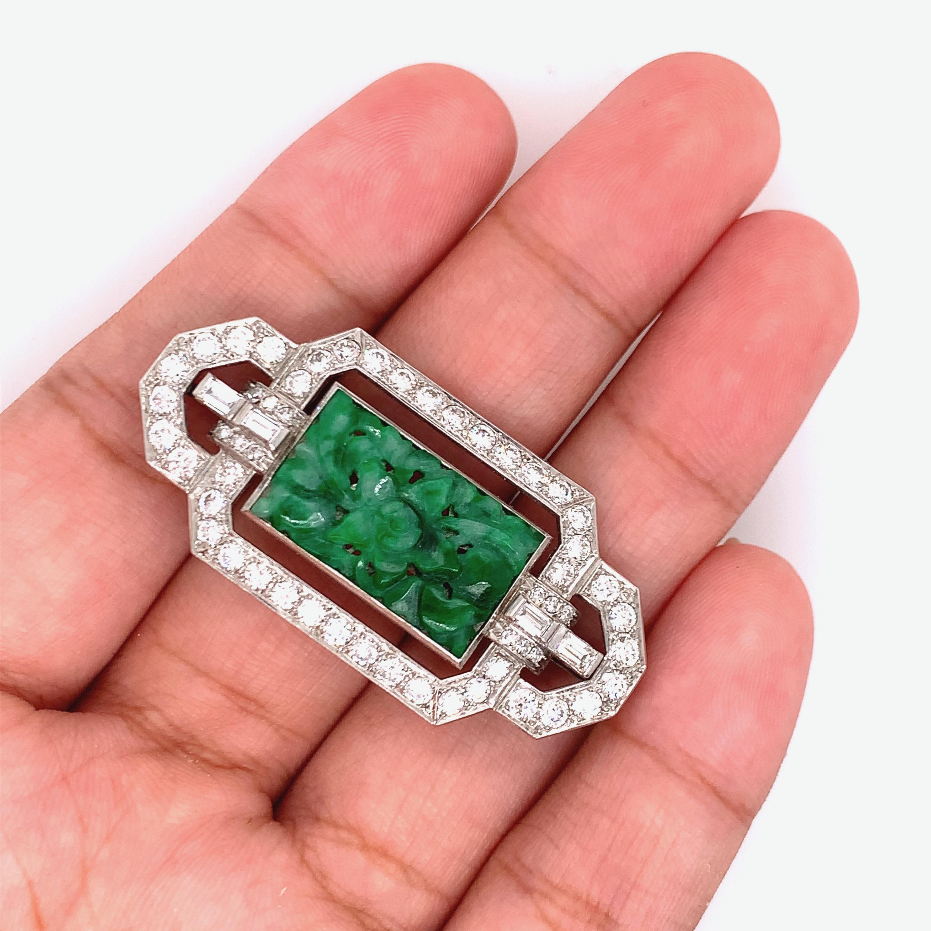 Women's or Men's Diamond, Jade, and Platinum Brooch For Sale