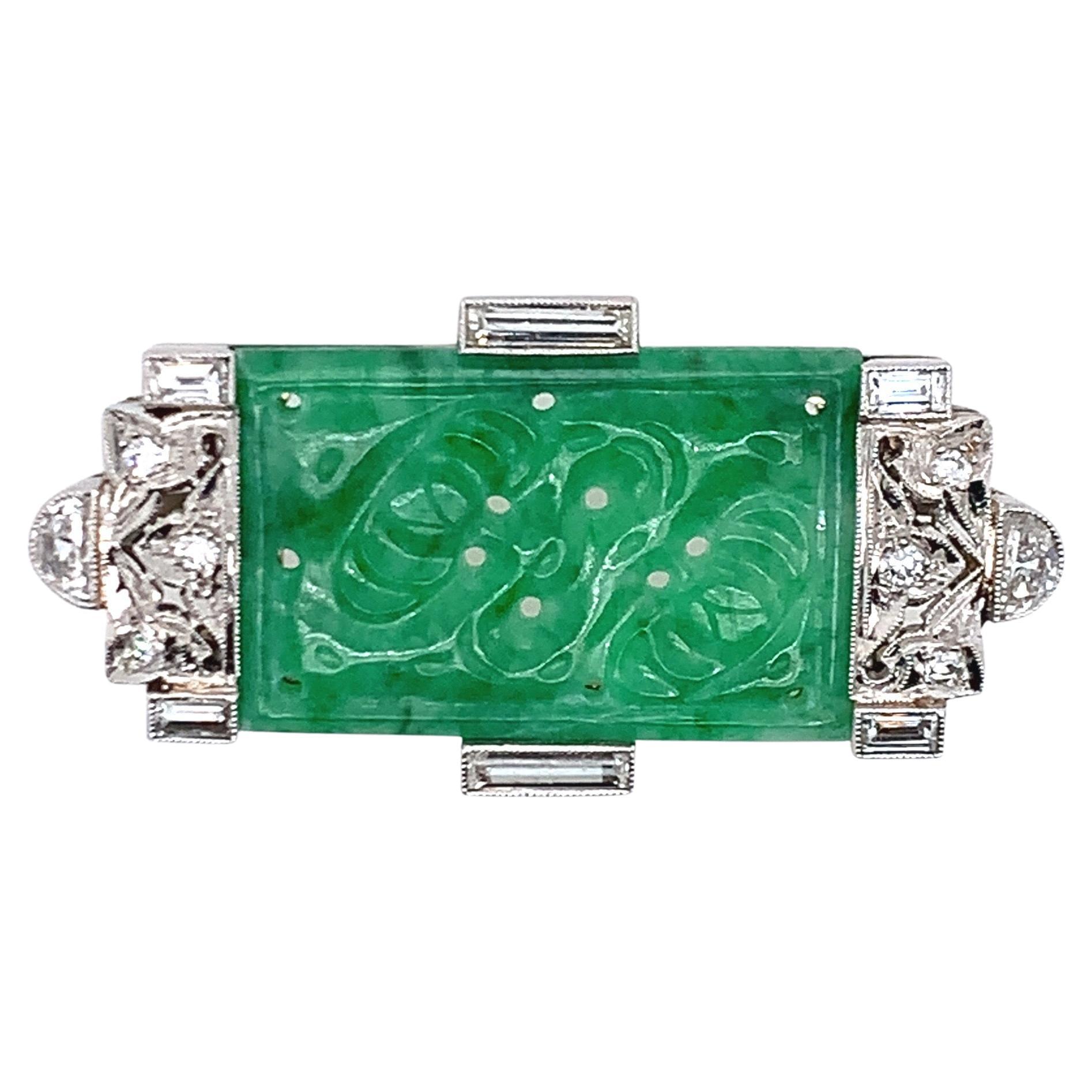 Diamond, Jade, and Platinum Brooch