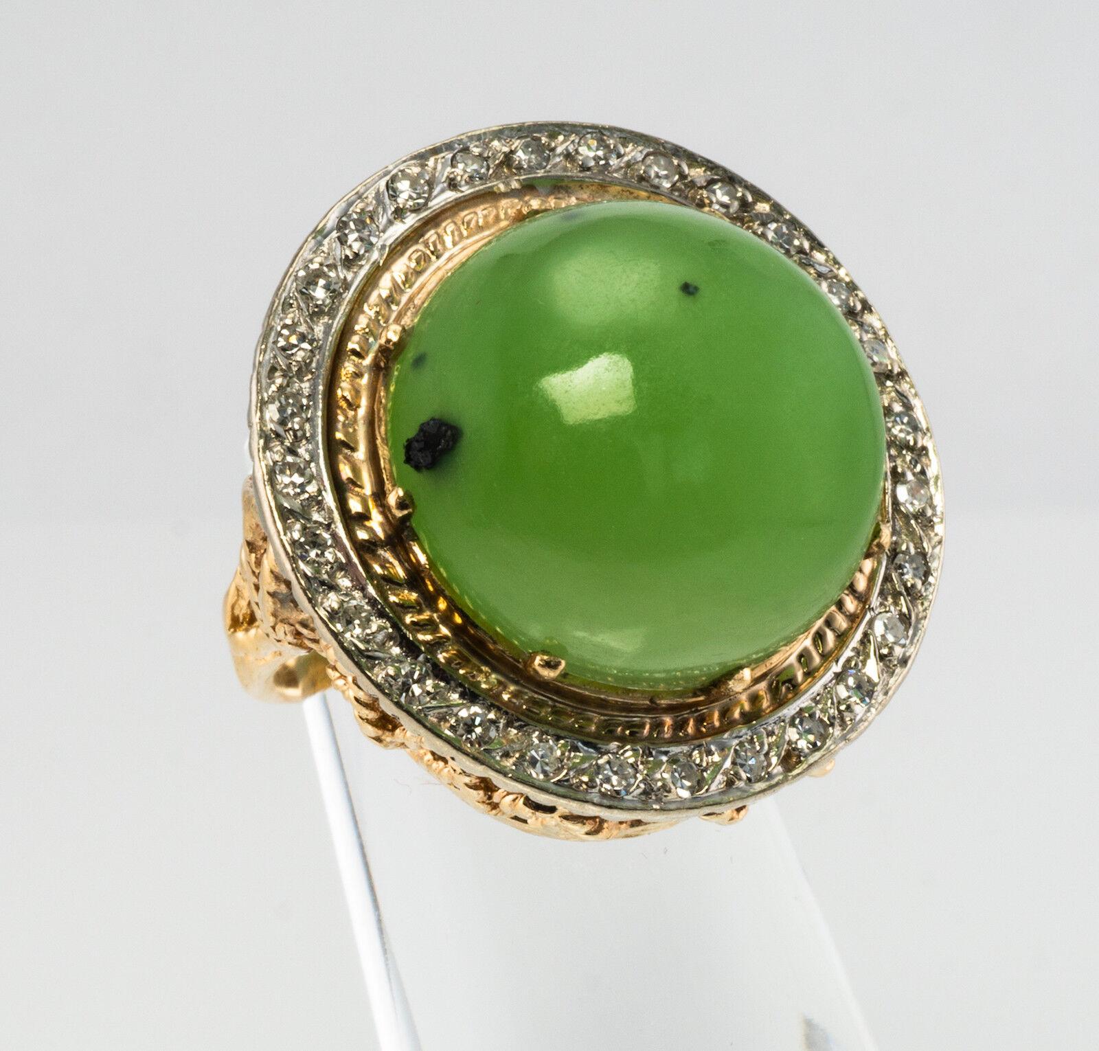 Diamond Jade Ring Cabochon 14K Gold Vintage For Sale 6