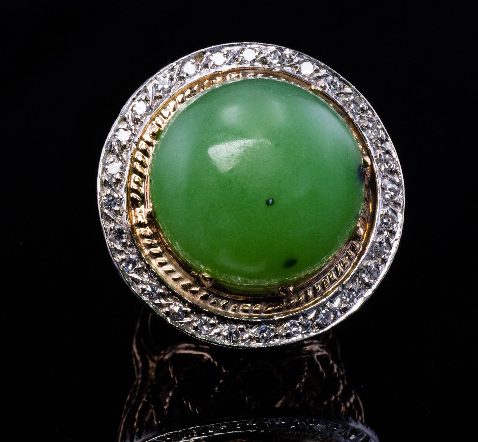 Diamond Jade Ring Cabochon 14K Gold Vintage In Good Condition For Sale In East Brunswick, NJ