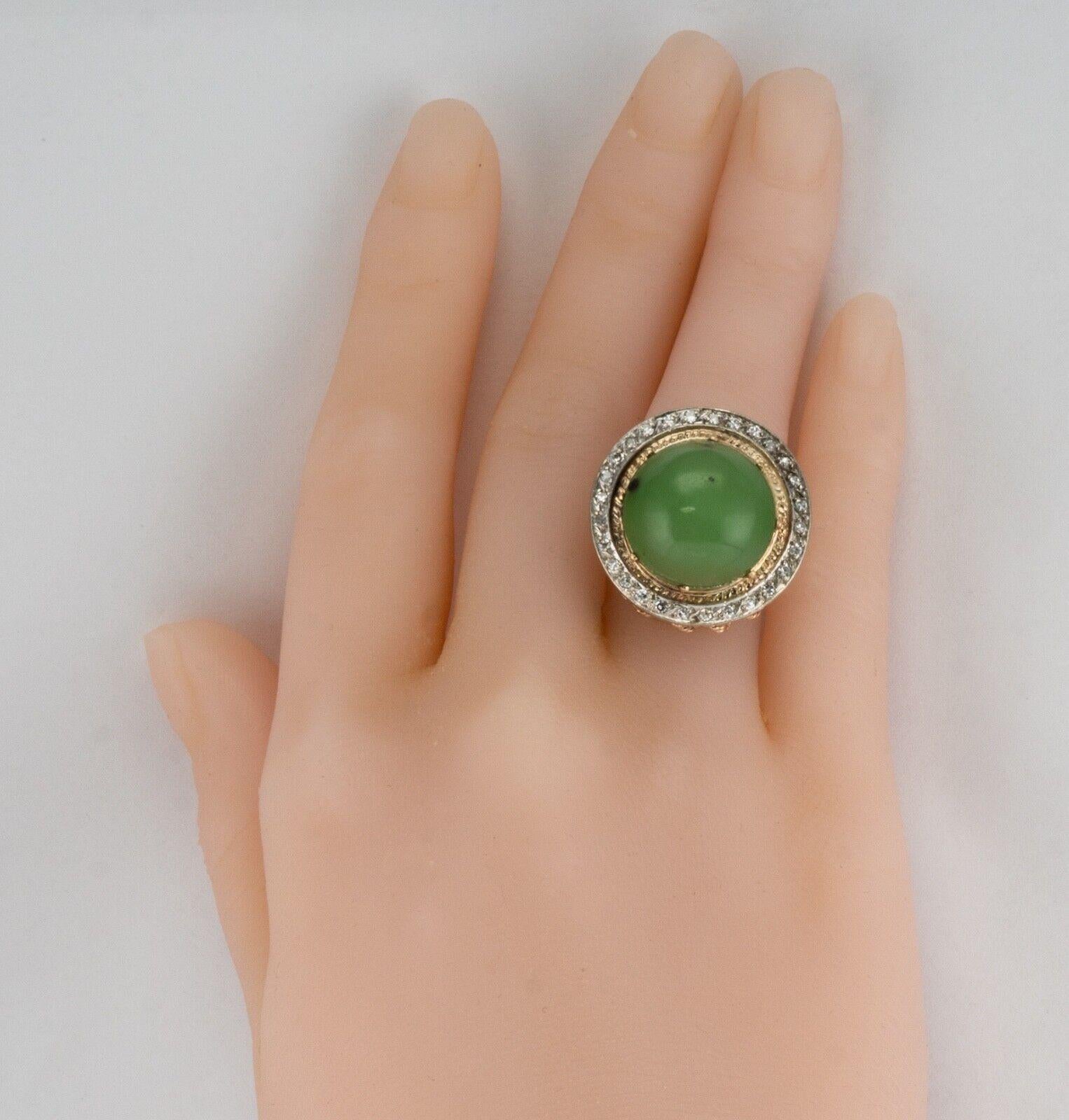 Women's Diamond Jade Ring Cabochon 14K Gold Vintage For Sale