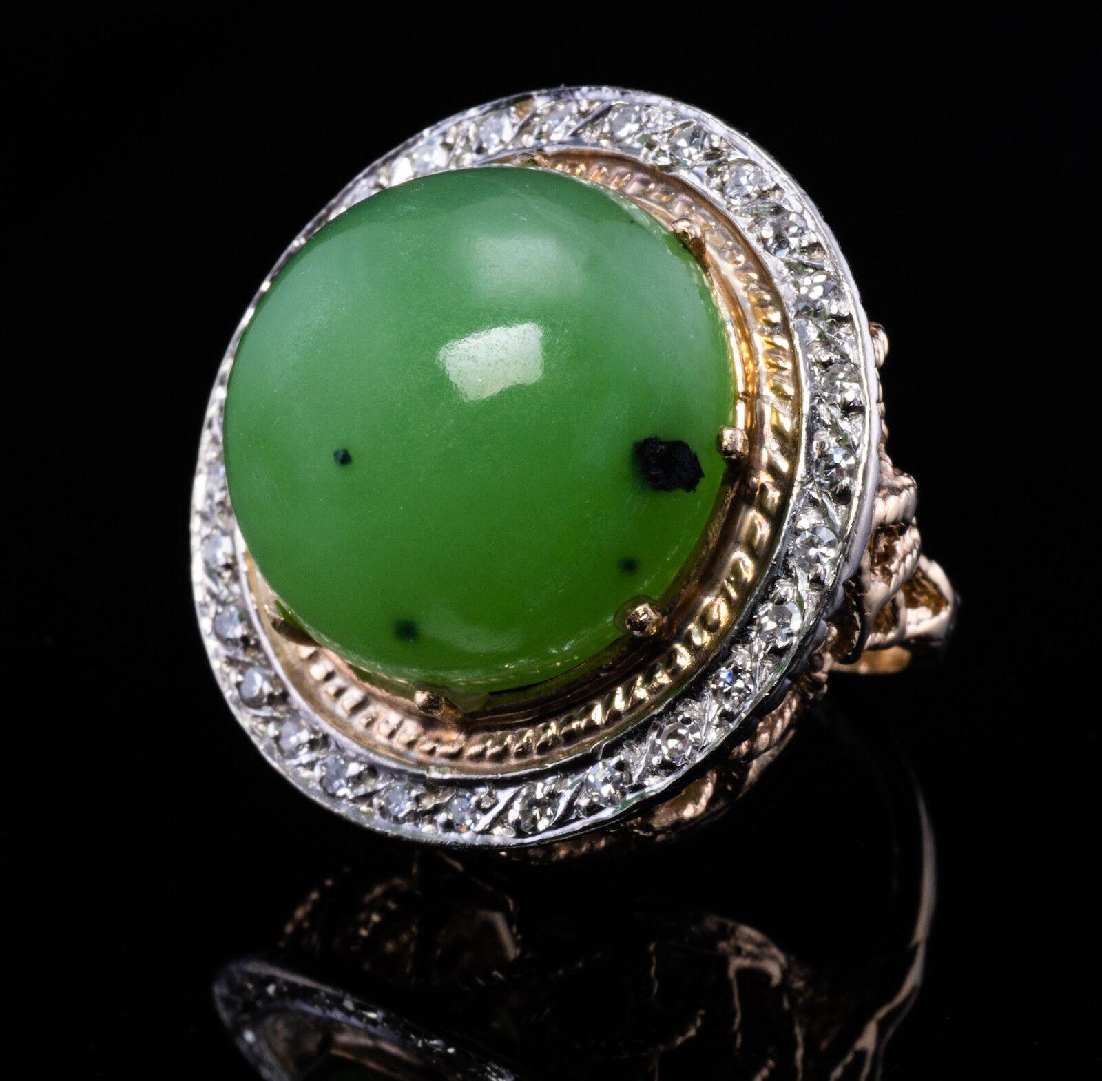 Diamond Jade Ring Cabochon 14K Gold Vintage For Sale 2