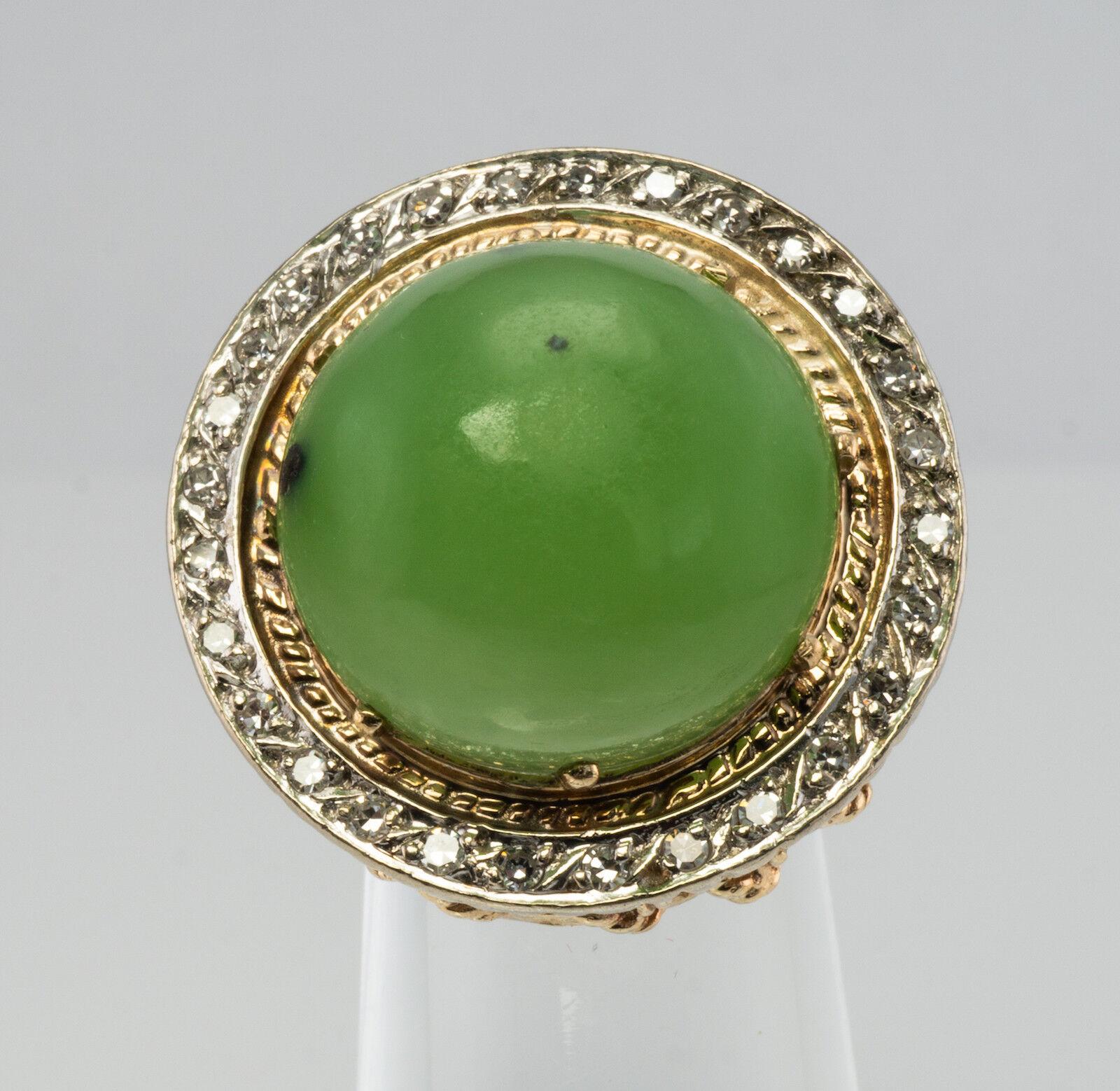Diamond Jade Ring Cabochon 14K Gold Vintage For Sale 4