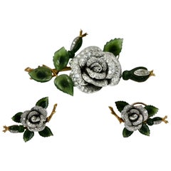 Diamond Jade Rose Brooch and Matching Earrings 18K