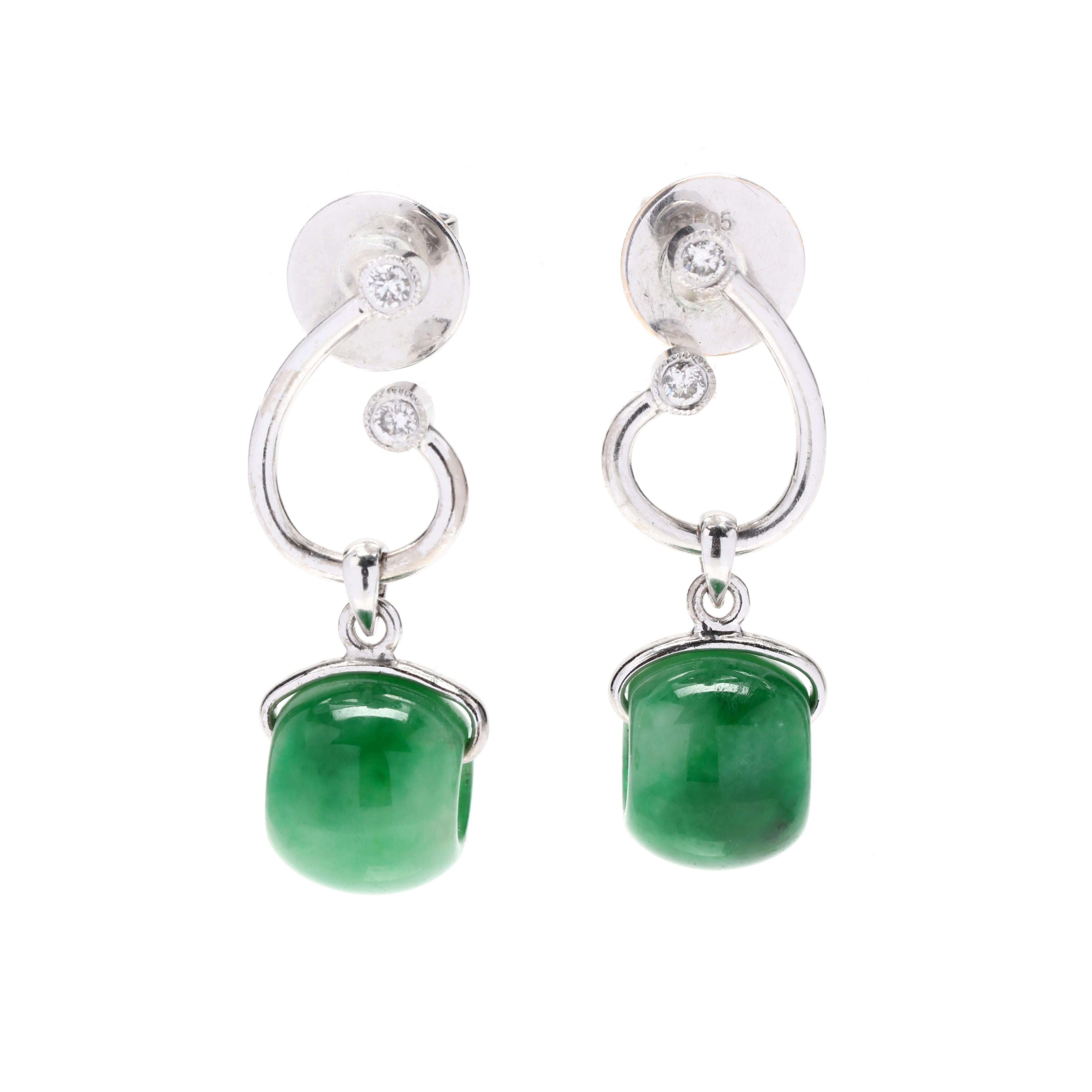 Bead Diamond Jadeite Dangle Earrings, 18K White Gold, Green Jade For Sale