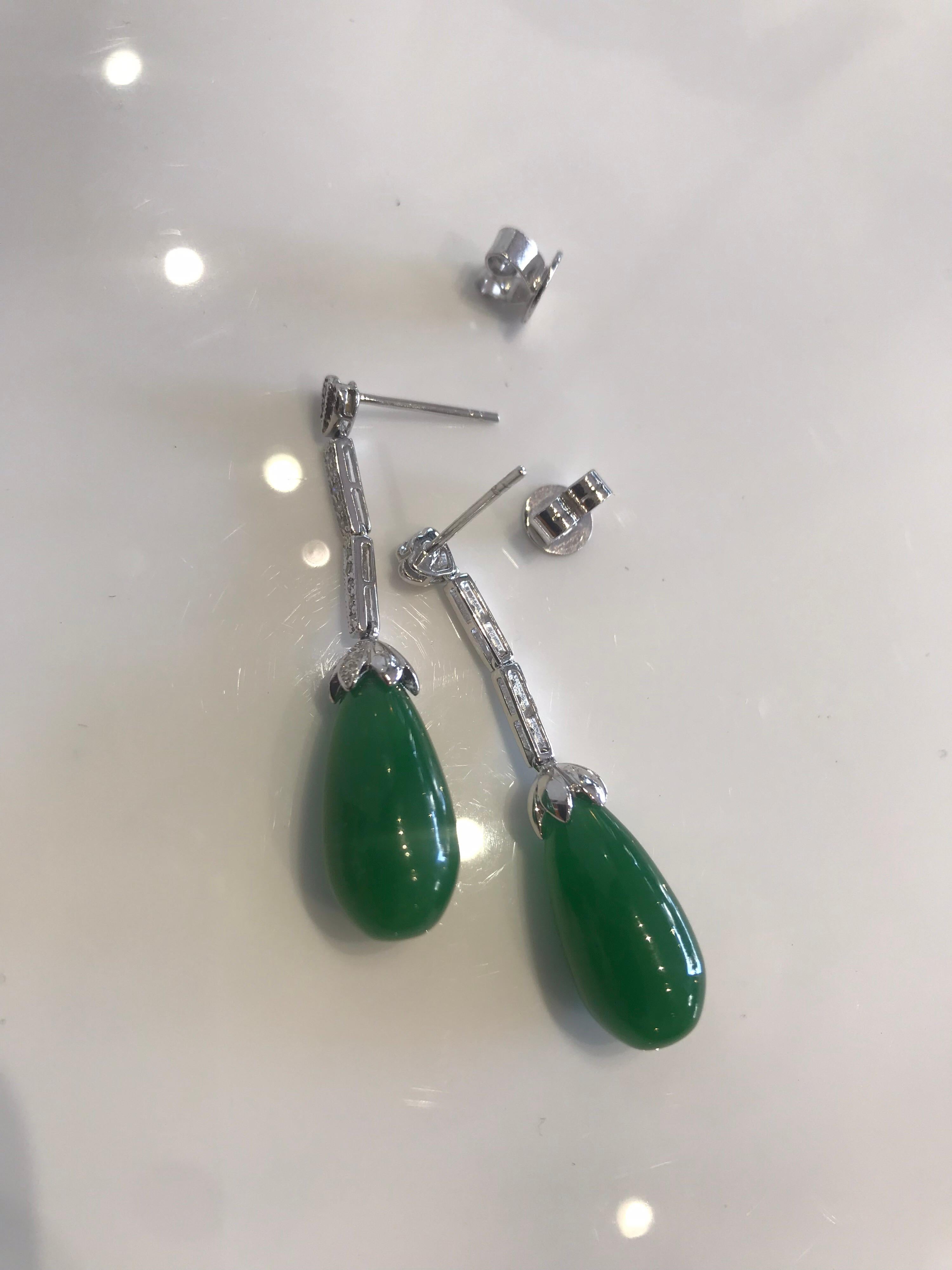 Contemporary Diamond and Jadeite Pendaloque Shaped Drop Earrings For Sale