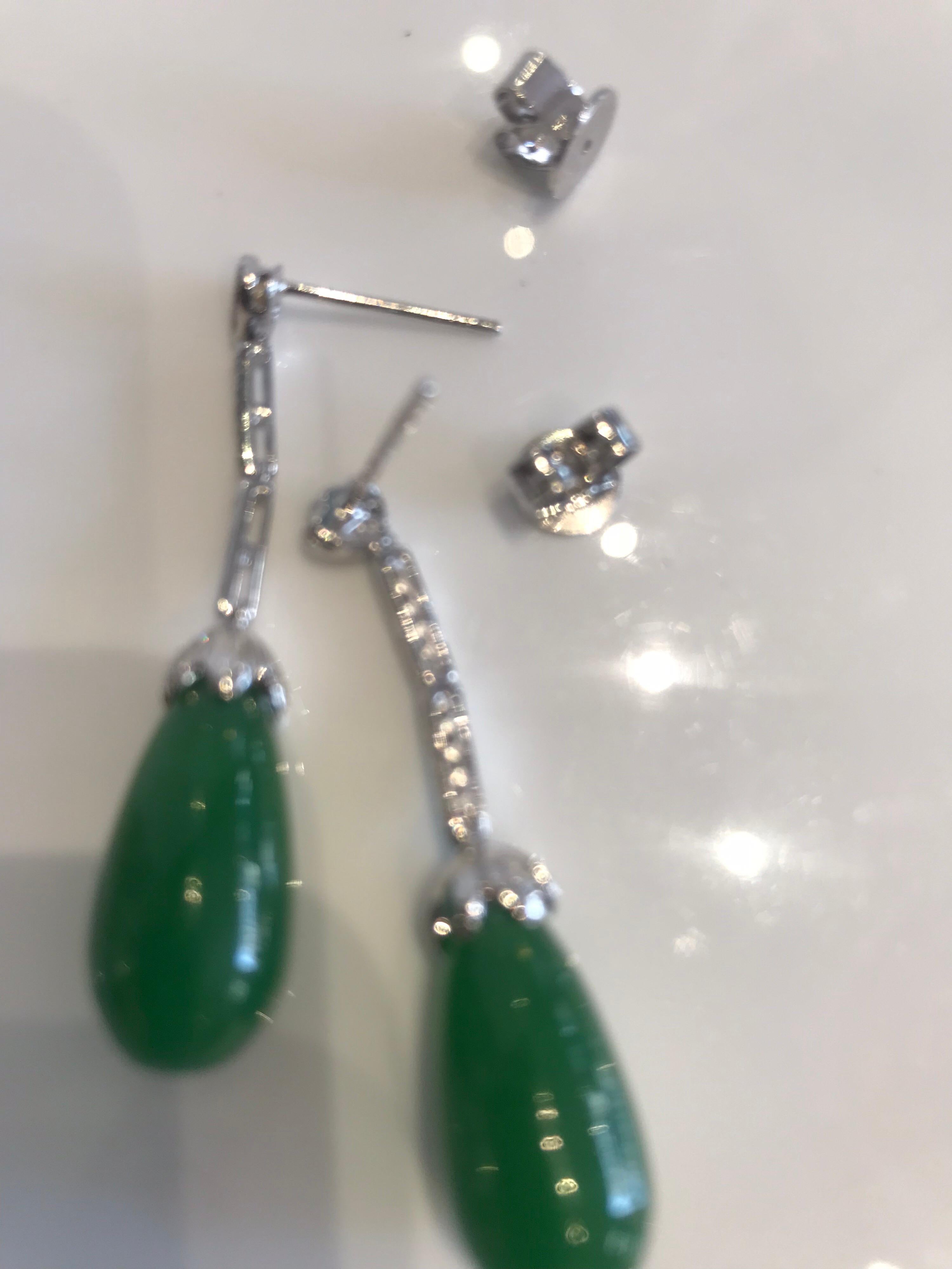 Women's or Men's Diamond and Jadeite Pendaloque Shaped Drop Earrings For Sale