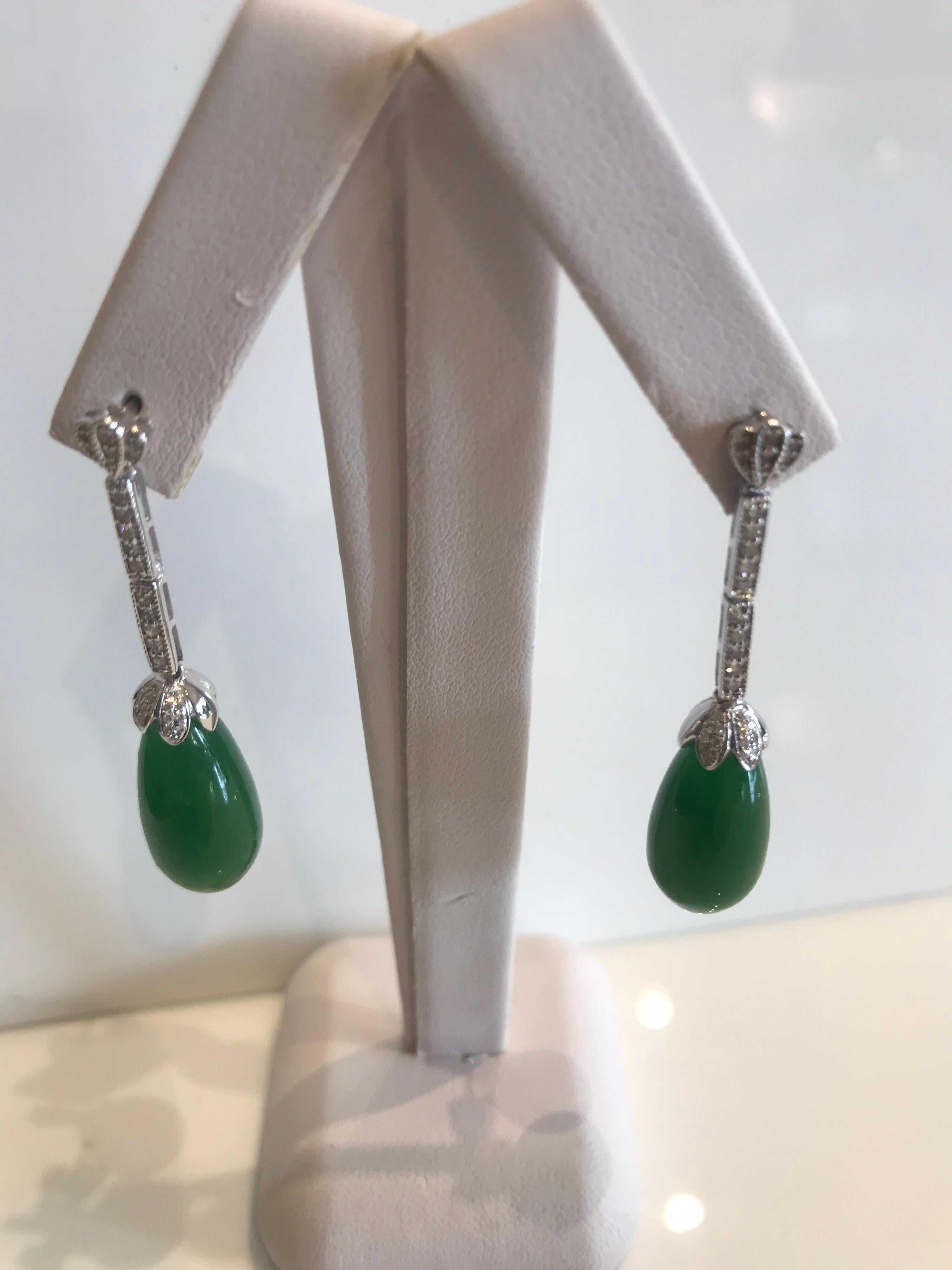 Diamond and Jadeite Pendaloque Shaped Drop Earrings For Sale 1